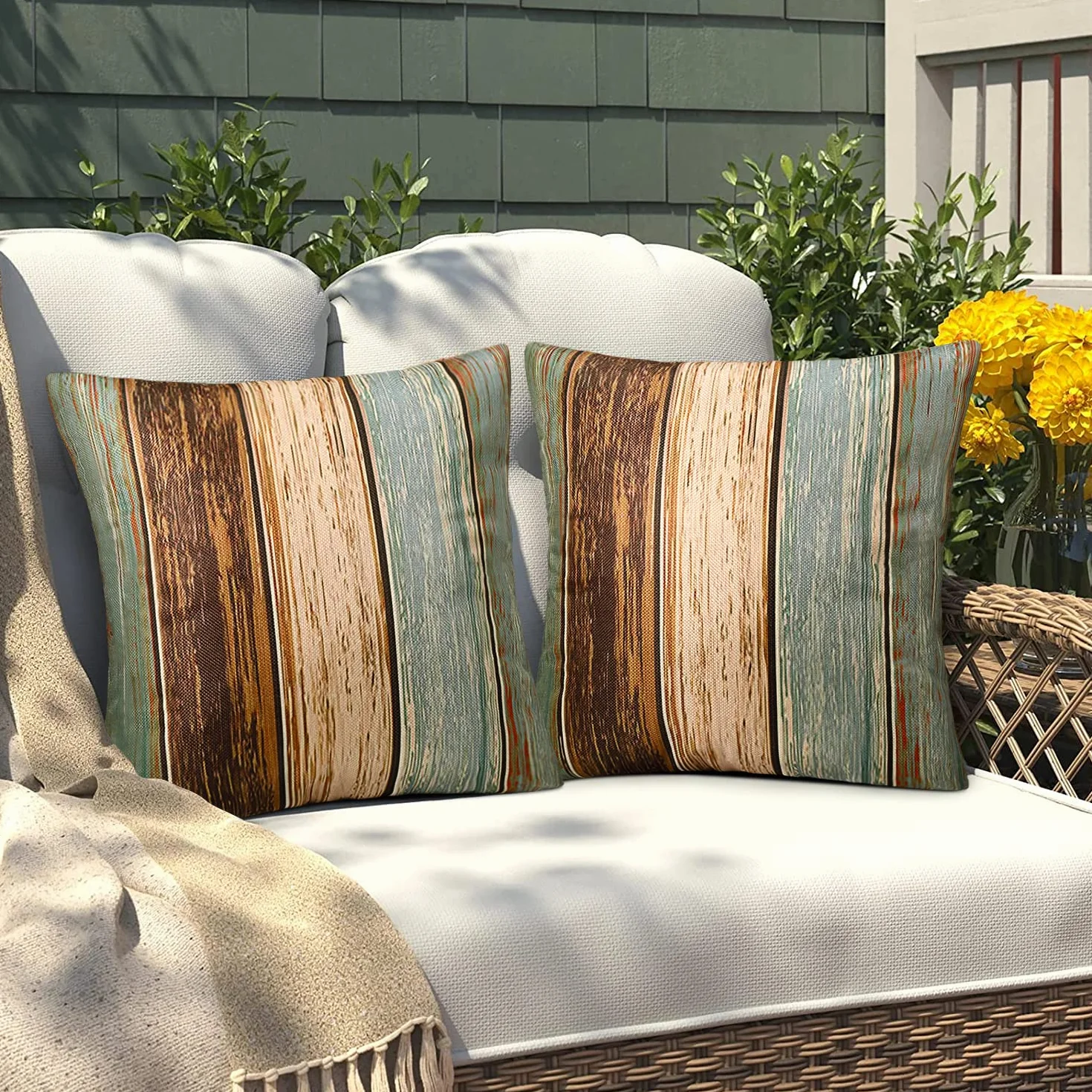 Copricuscini Cuscini per Divani Moderni Federe Cuscini Divano Strisce Legno Vintage Poliestere Copricuscini Impermeabili Cuscino per Divano per Soggiorno Giardino Balcone Set di 2