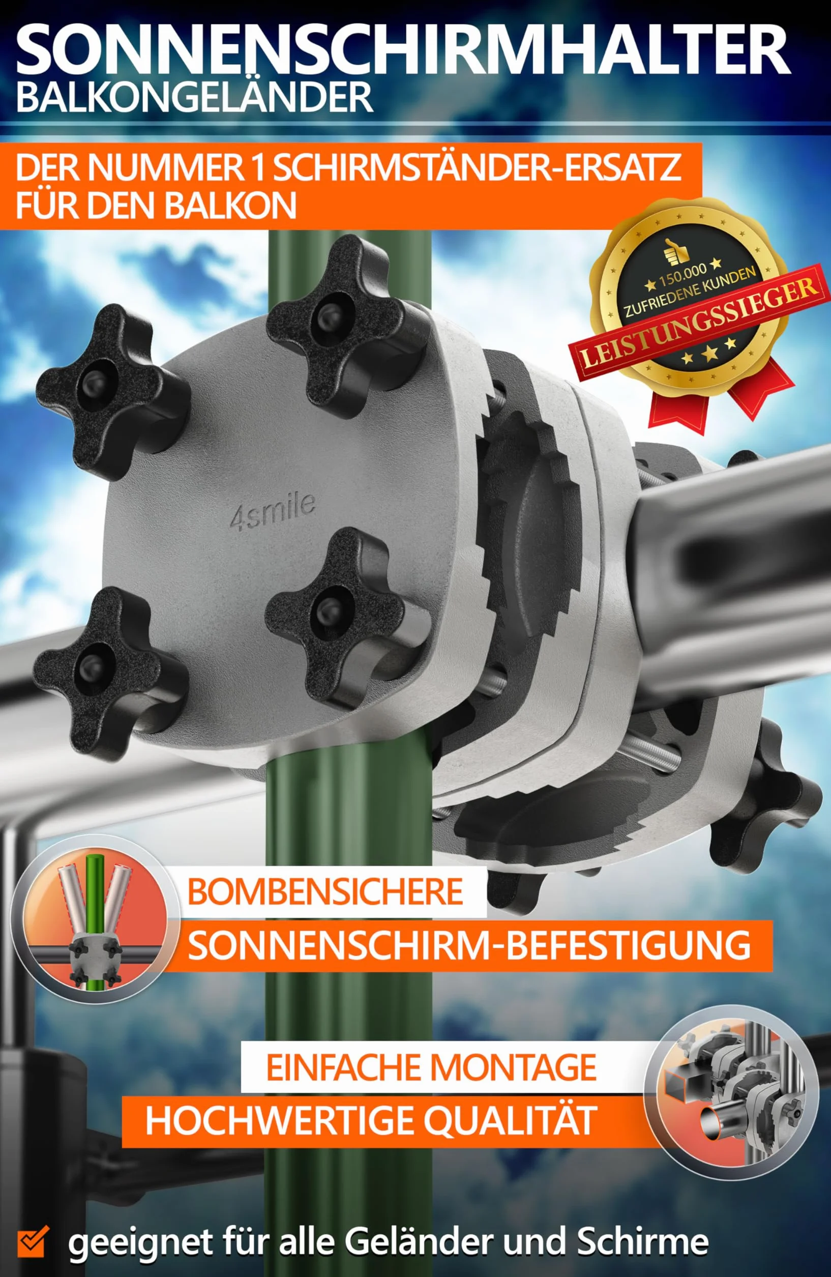 4smile SunnyGuy - Supporto Universale per ombrellone da Balcone, Universale, per Balcone