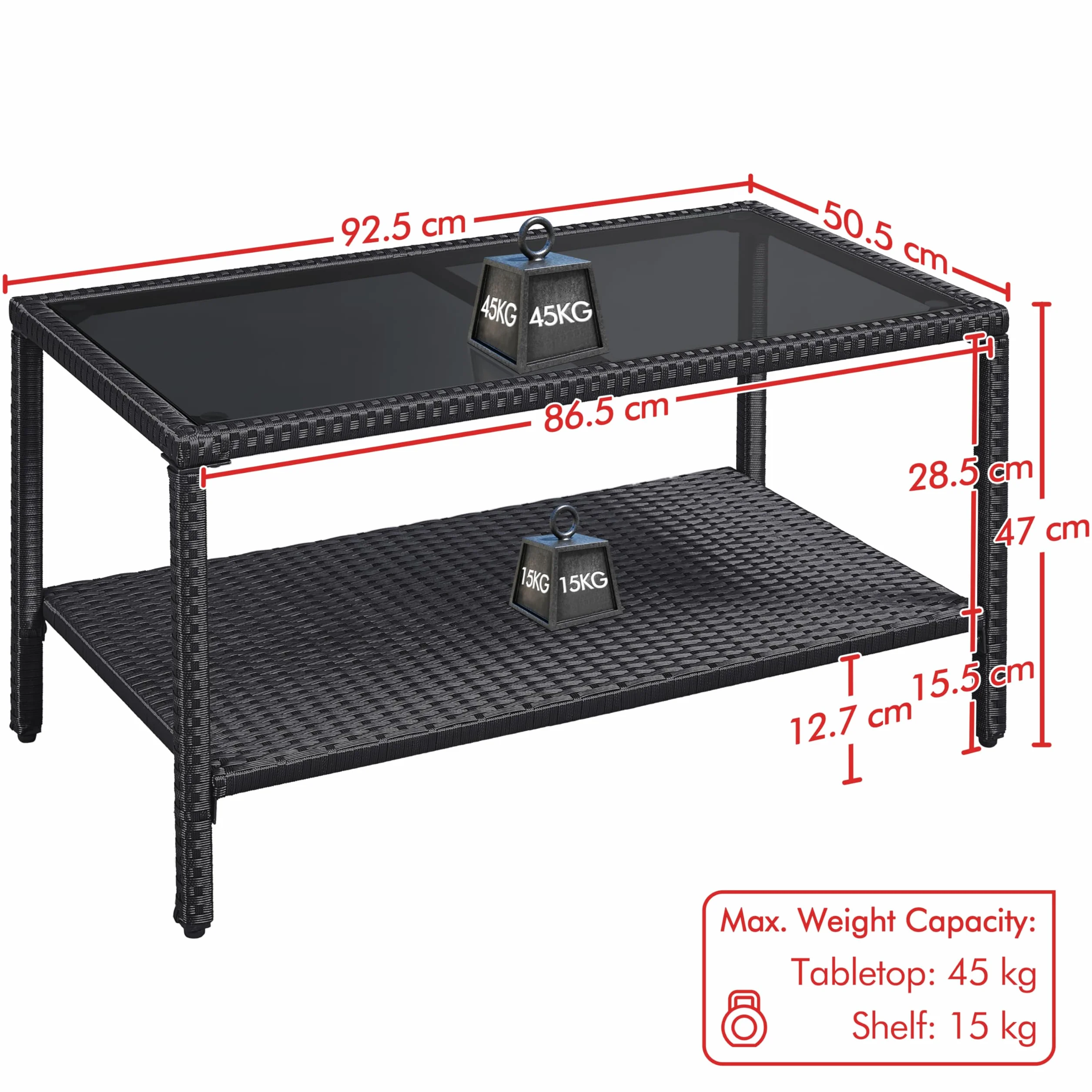 Yaheetech Tavolino da Giardino in Rattan PE Tavolo da caffè con Piano in Vetro Temperato da Patio Balcone Terrazza Arredamento Multifuzionale da Bicchieri Riviste Struttura Robusta in Metallo