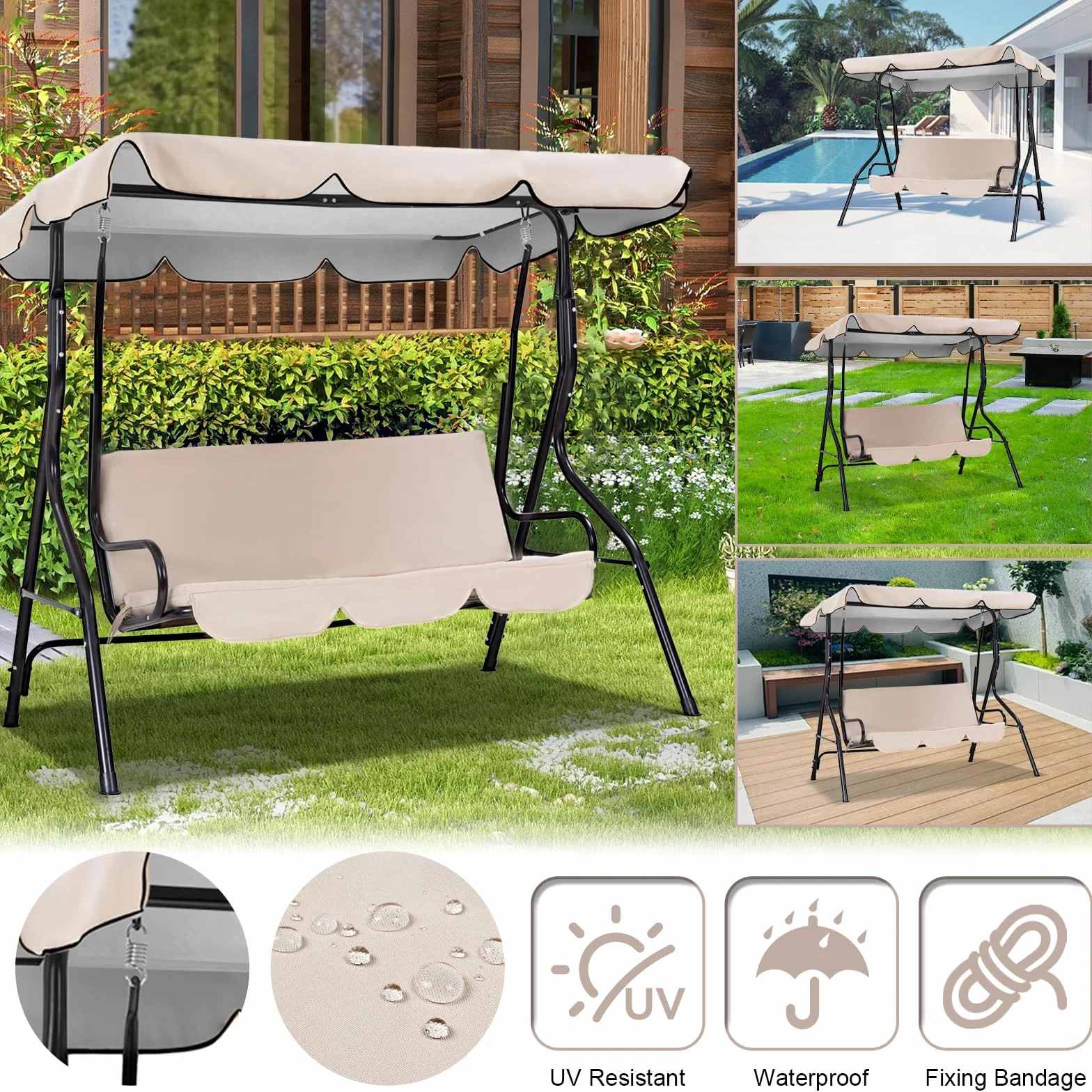 Tetto di Ricambio per Dondolo, Copertura per Dondolo da Giardino 195 x 125cm, a 3 posti Tettino Parasole Universale Impermeabile Tetto Del Dondolo da Giardino Telo per Altalena Hollywood Sostituzione