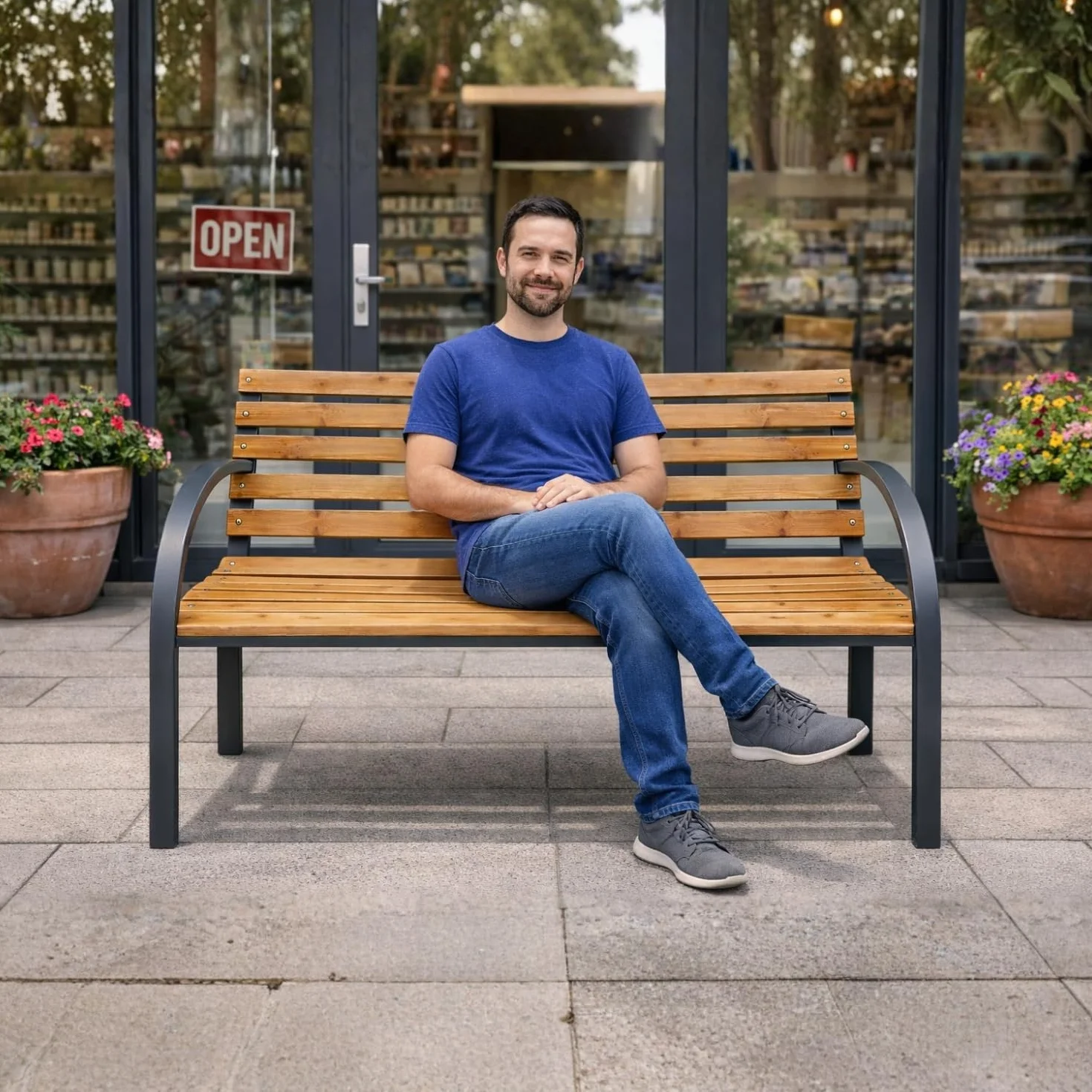 PALUPLUS Panchina da Giardino in Legno di Abete, Misura 120x53x84 cm, Panca da esterno a 2 posti con struttura e braccioli in acciaio e 12 doghe, Portata Massima 200 kg -9451C -11,5