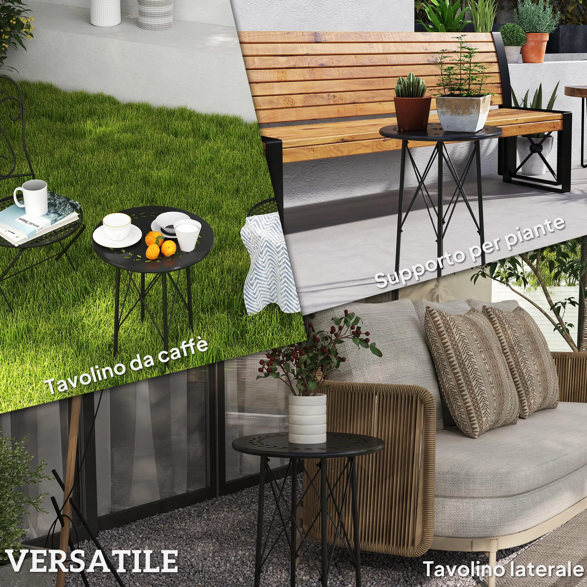 Outsunny Tavolino da Giardino Ø40 cm con Intagli a Fiori e Foglie, Tavolo Rotondo da Esterno e Interno con Piedini Regolabili, Tavolino da Caffè e Portapiante, in Acciaio, Nero