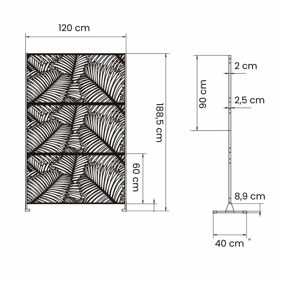 SIEDITI FUORI E DENTRO Pannello traforato decorativo in metallo, separe divisorio da esterno o interno, pannello frangivista giardino, separé paravento in acciaio versatile (Motivo Palma, Nero)
