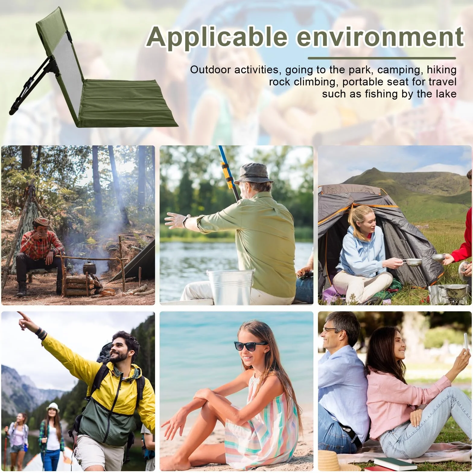 Sedia Spiaggia,Traspirante Tappetino da Spiaggia con Schienale Leggero e Pieghevole, Portatile 500g Bodenstuhl Outdoor per Campeggio,Attività All’aperto,Spiaggia e Viaggi (Verde)