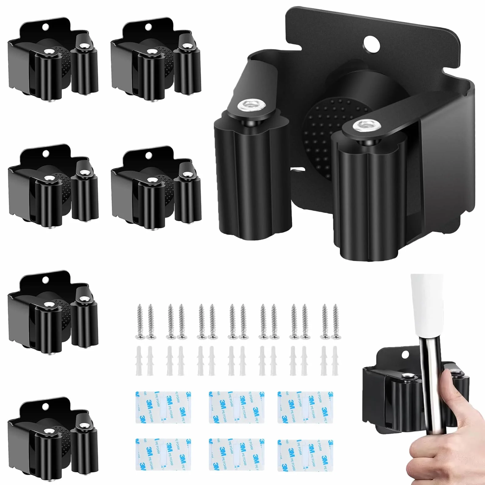 6 pcs porta scope in acciaio inox,porta scope parete,portascope da muro appendibile,appendi con accessori di montaggio,per cucine, giardini, garage, bagni e uffici nero