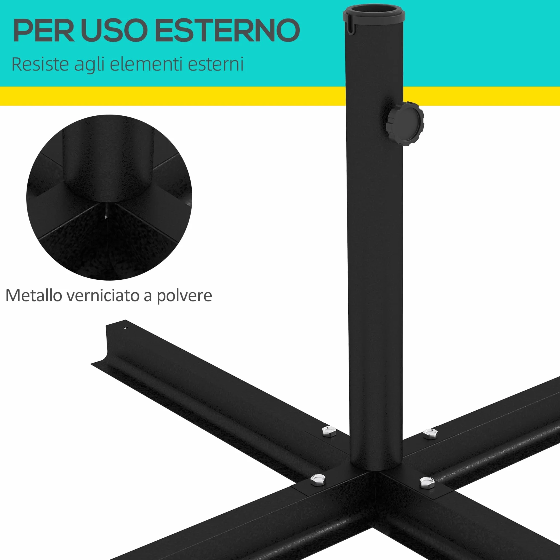 Outsunny Base per Ombrellone a Croce con Vite Laterale, Basamento per Ombrellone in Metallo, per Pali di Ombrelloni da Ø38/48 mm, 100x100x75 cm, Nero