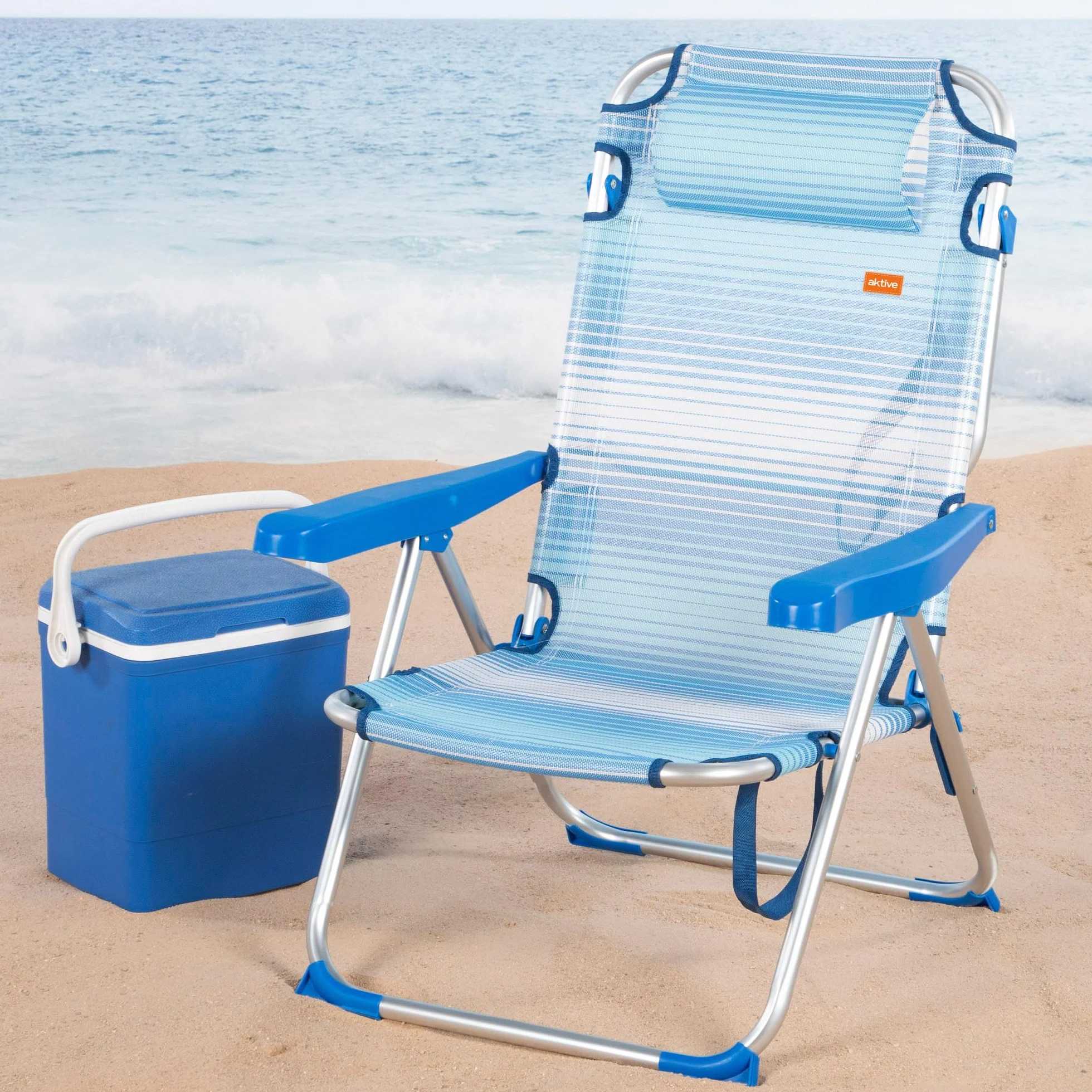 AKTIVE Confezione da 2 sedie da spiaggia pieghevoli e reclinabili, blu a righe, 48 x 60 x 90 cm, 5 posizioni, cuscino imbottito, maniglia a spalla, braccioli ergonomici, fermaporta ribaltabile