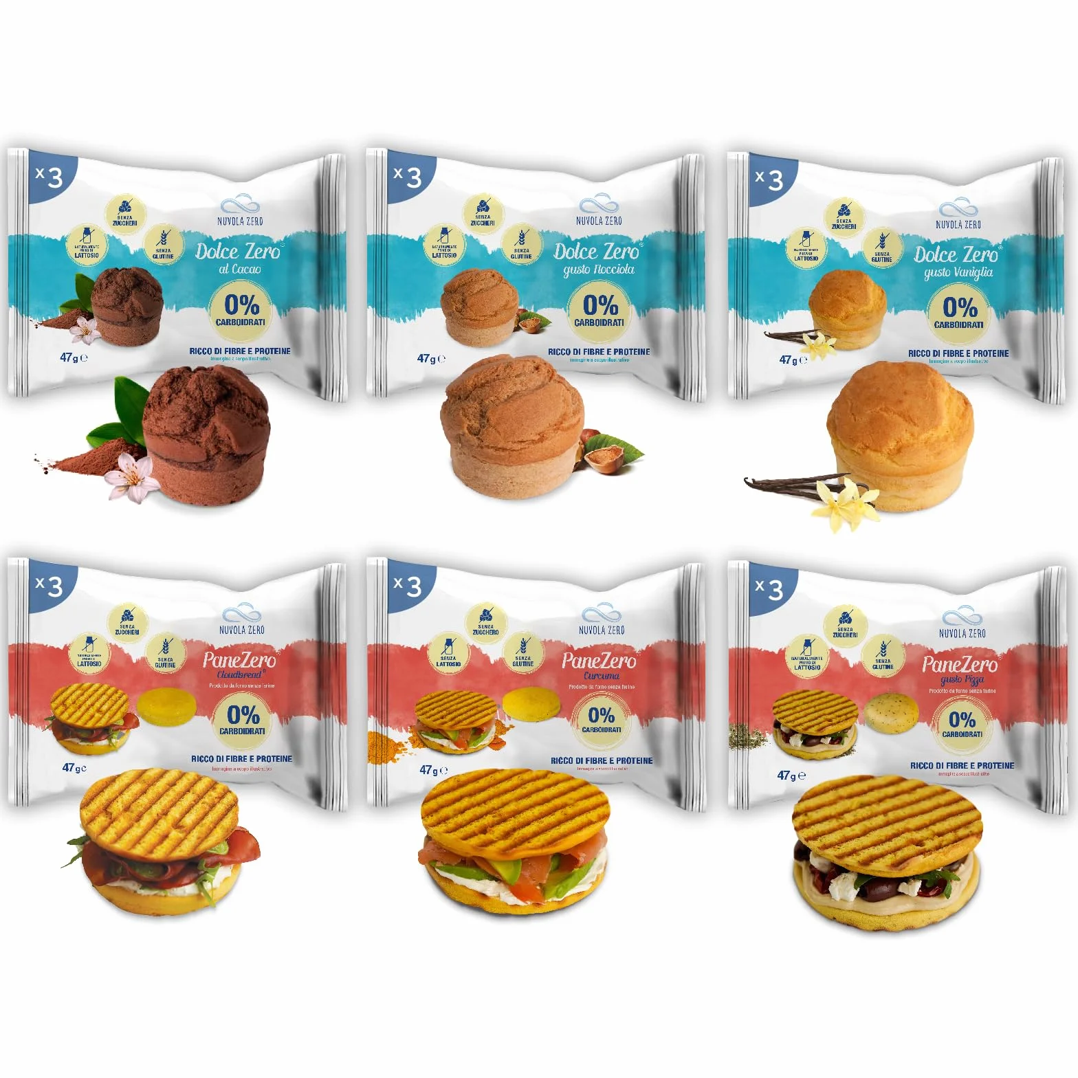 Nuvola Zero – Pane e Dolce Zero Mix Gusti, Senza Carboidrati, Lattosio, Glutine, e Zuccheri, Ricco di Fibre, Confezione 18 pezzi Made In Italy