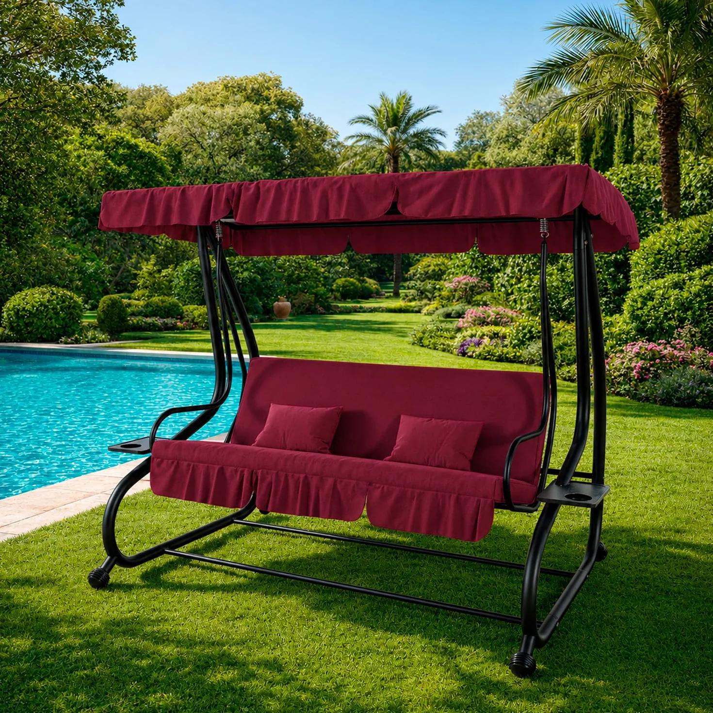 Dondolo 3 Posti Reclinabile Madeira Tettuccio Parasole Regolabile Cuscini Imbottiti Diventa Letto Struttura Robusta In Acciaio Verniciato Giardino Esterno Balcone Terrazzo 200 x 120 x 160 cm Bordeaux