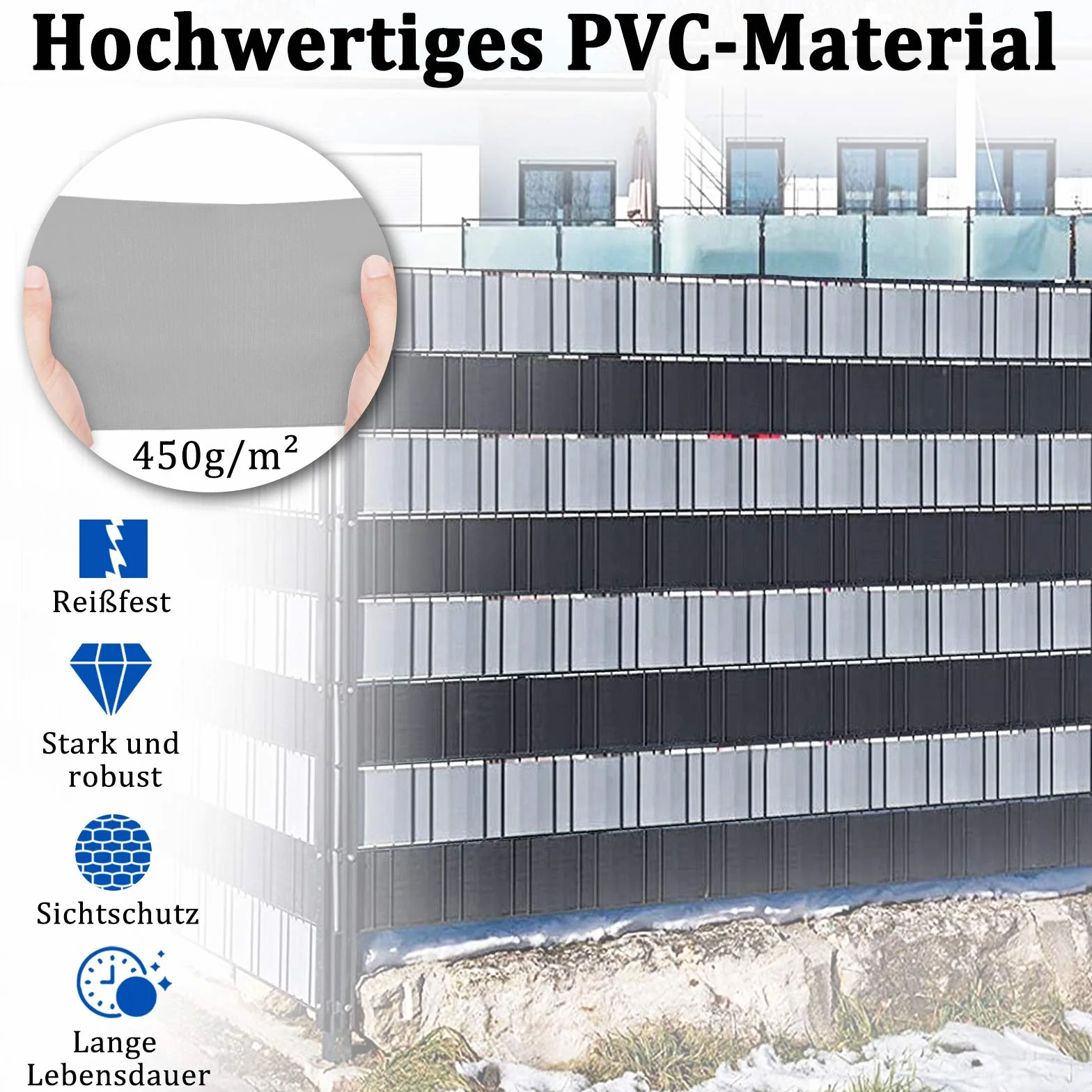 HENGMEI 35mx19cm Visibilità PVC Paravista Strisce Rotolo recinzione Protezione frangivento frangivista, grigio chiaro