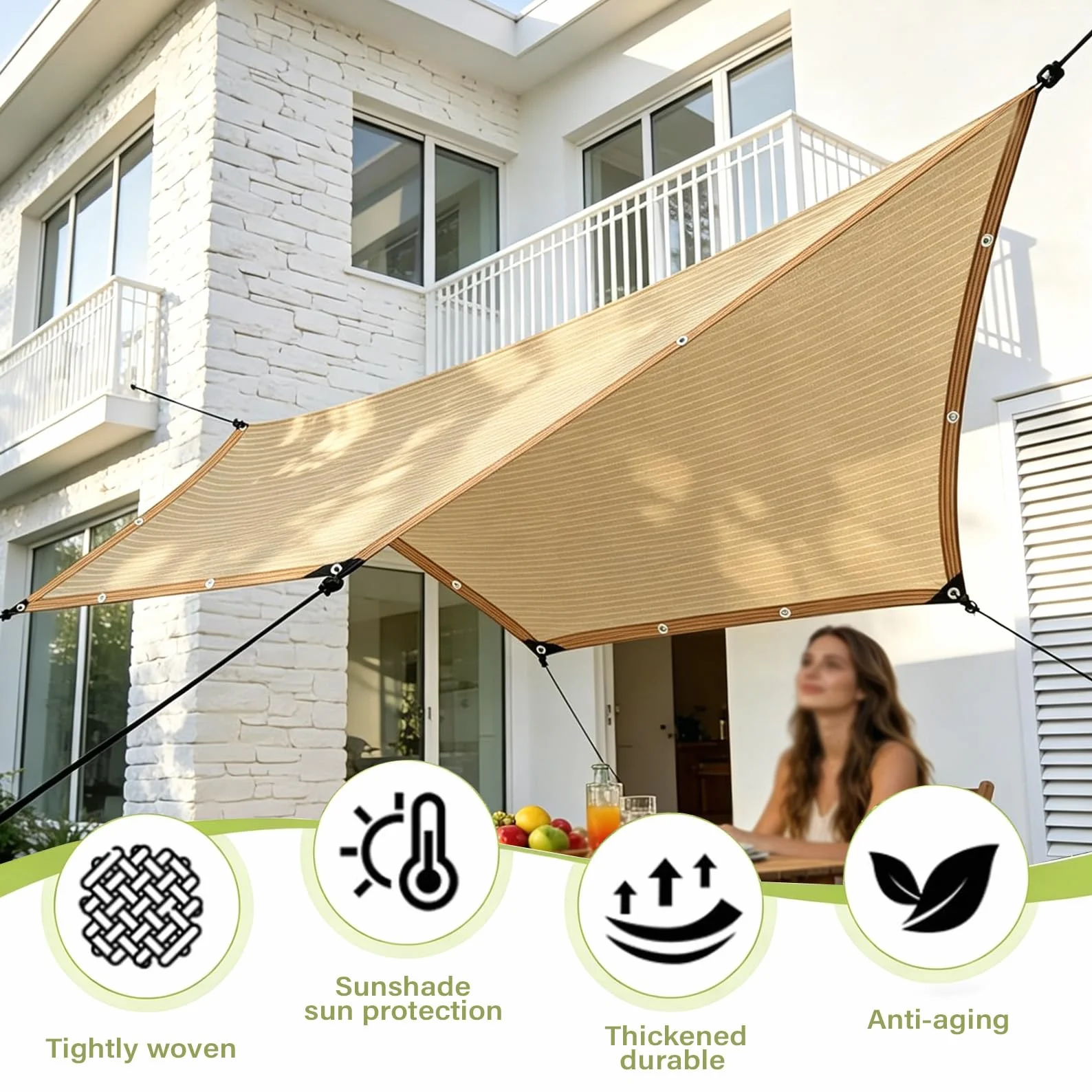 Telo Ombreggiante Beige 2x3m HDPE 90% Protezione UV Rete Parasole | Traspirante con Occhielli,per Balcone, Terrazzo, Giardino, Serra - Effetto Raffreddamento per Estate