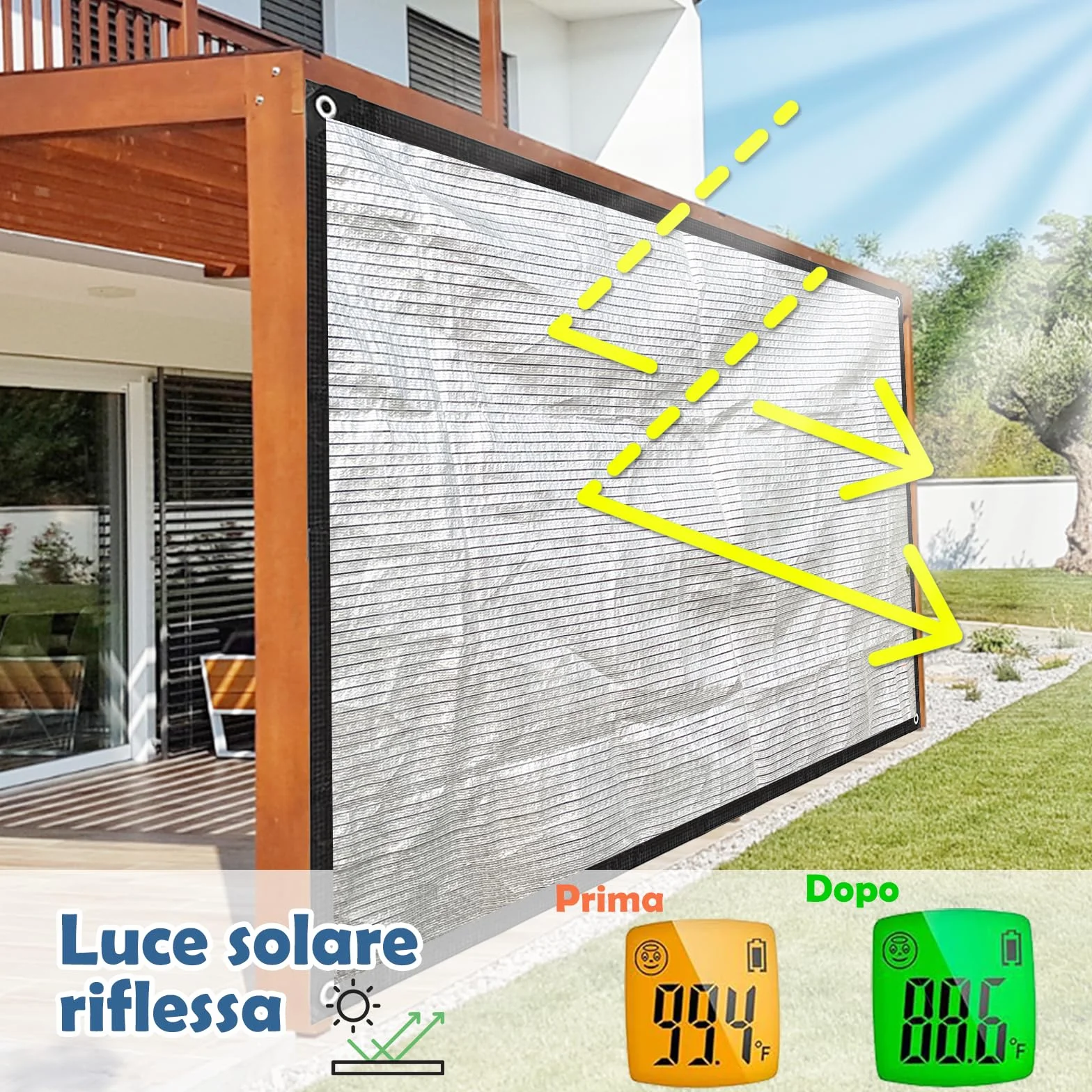 BeGrit Telo Ombreggiante Alluminio 3x4m Rete ombreggiante Riflettente Auto Esterno all'75% Telo Ombra Riflettente con Occhielli Rete di Protezione Solare Traspirante per Giardino Balcone Campeggio