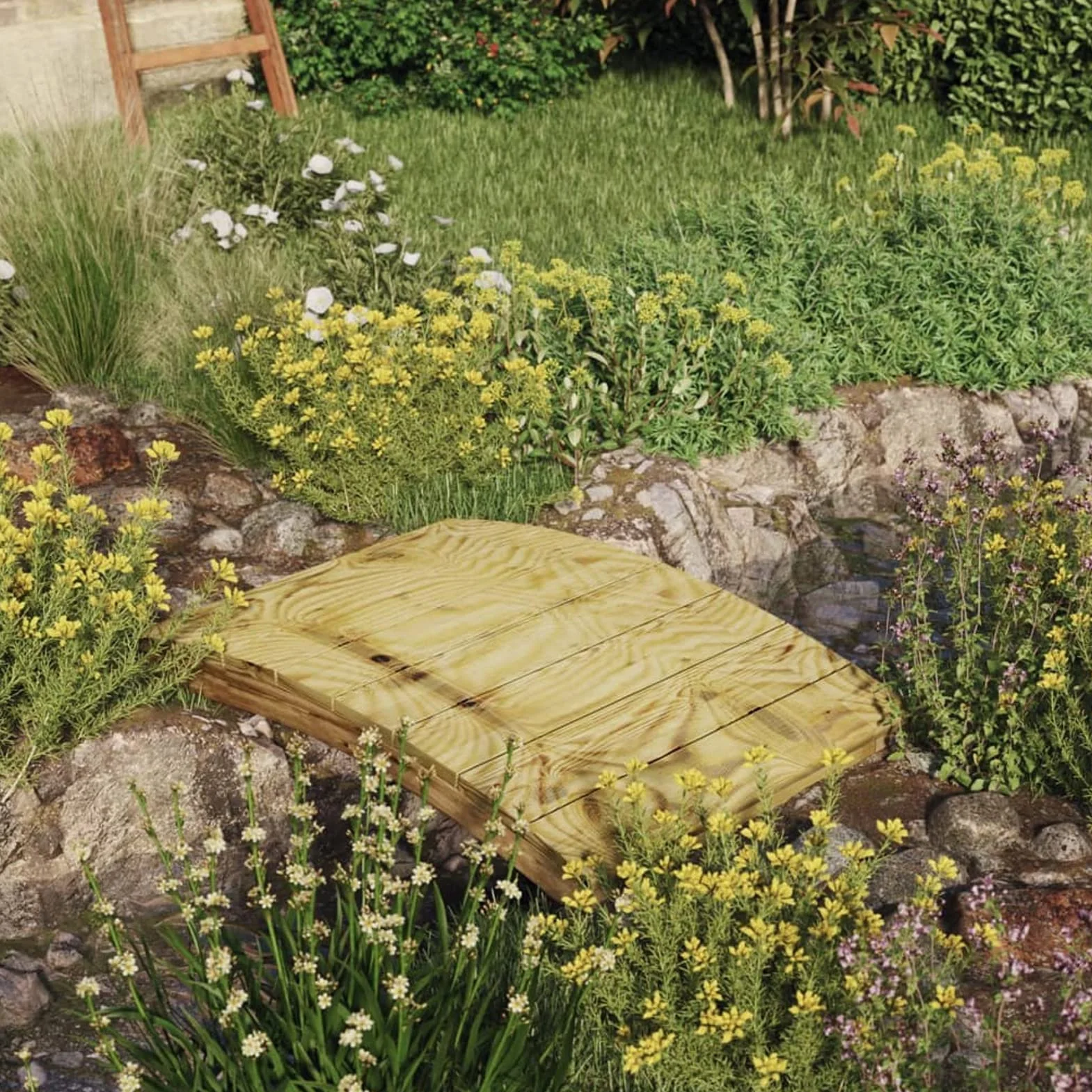 Ponte da Giardino 110x74 cm in Massello di Pino Impregnato,Ponte Ponticello da Giardino in Legno per Laghetto con Passerella ad Arco,Impermeabile per Esterni