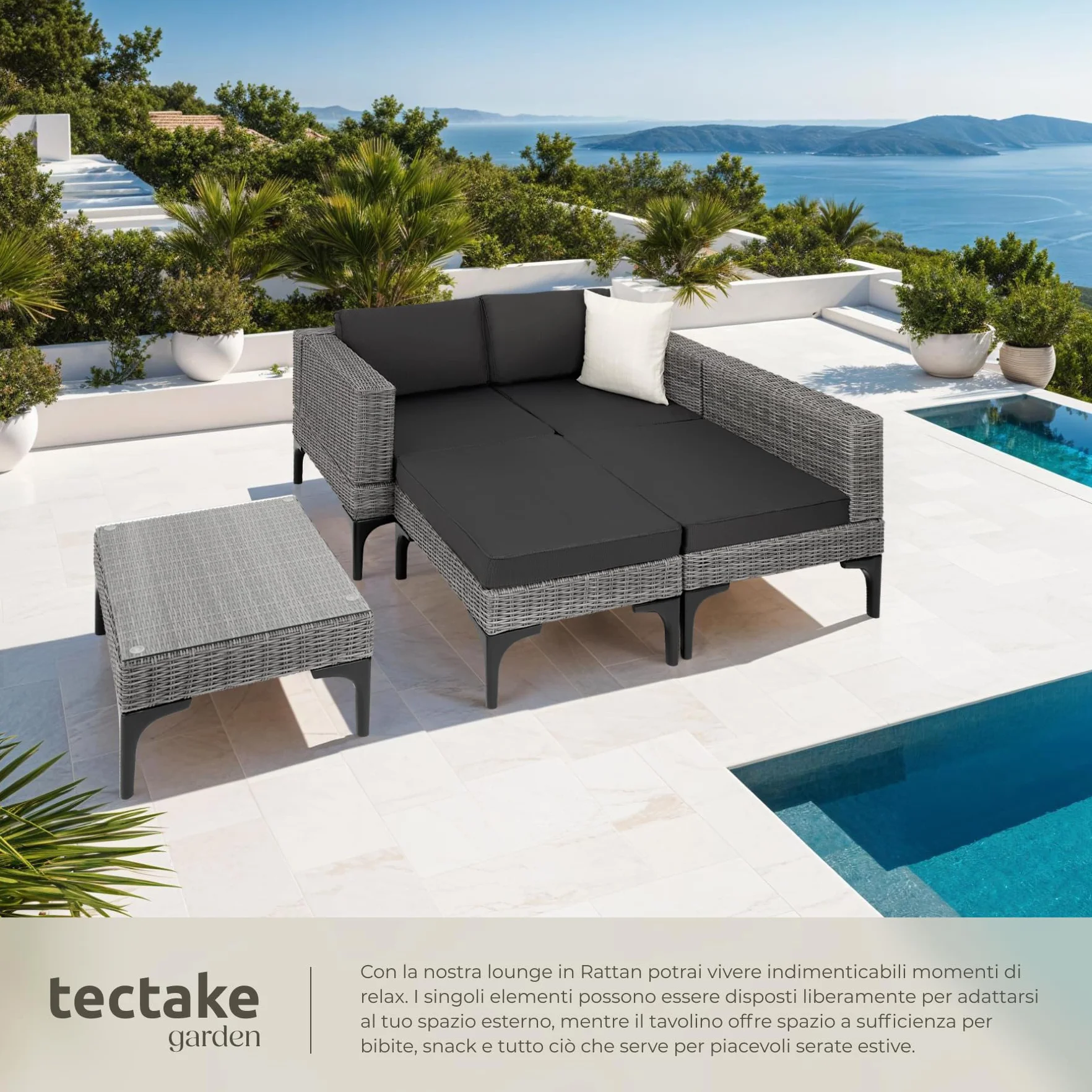 tectake® Salottino in Rattan Konstanza, Telaio in Alluminio, Resistente ai Raggi UV, Comode Poltrone, Imbottitura Spessa, Rivestimenti Idrorepellenti, Tavolino Salotto con Lastra in Vetro - Grigio