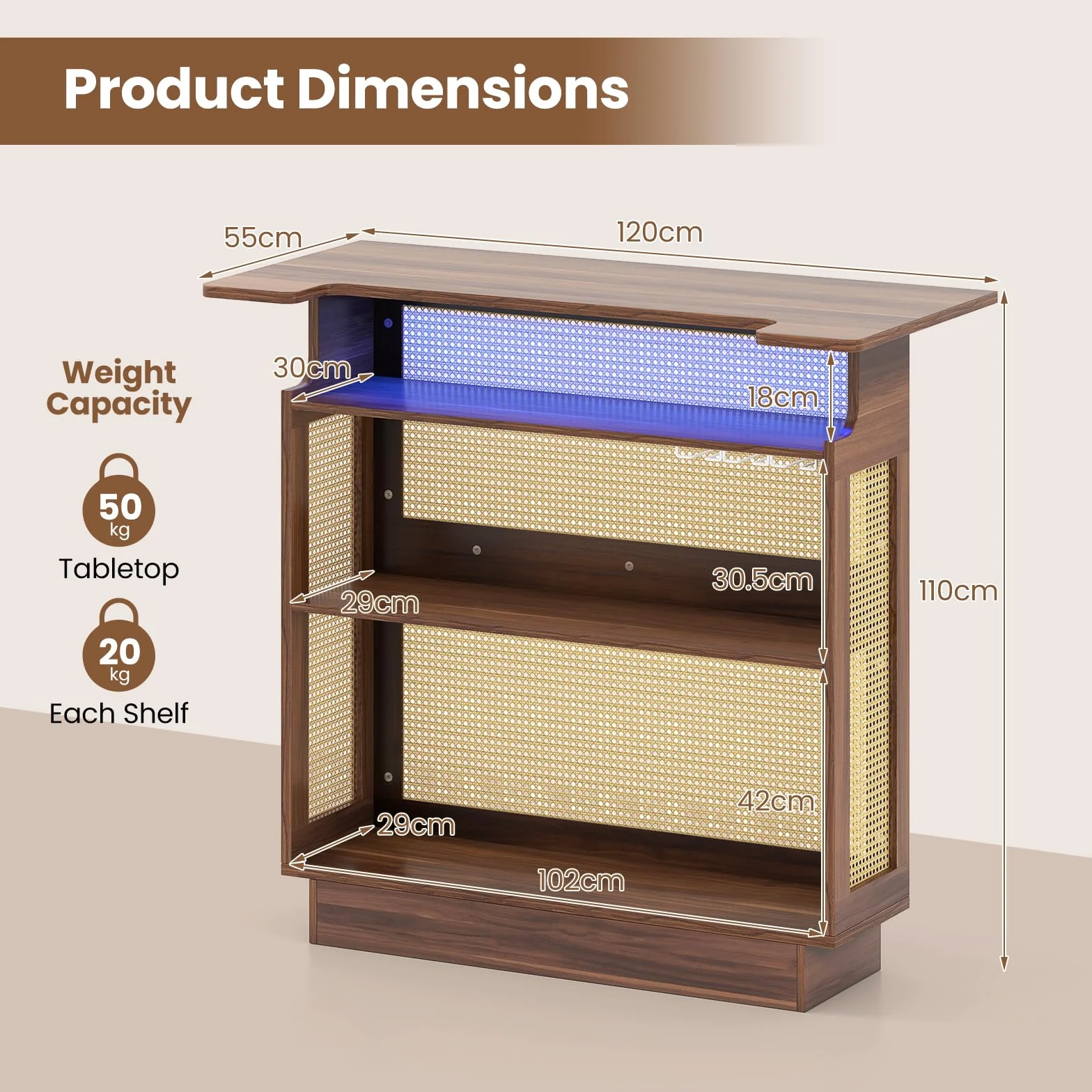 GIANTEX Tavolo da bar con deposito, tavolo alto da cucina con illuminazione a LED e superficie in rattan, bancone da cucina con 3 ripiani e portabicchieri, protezione antiribaltamento, 120x55x110 cm