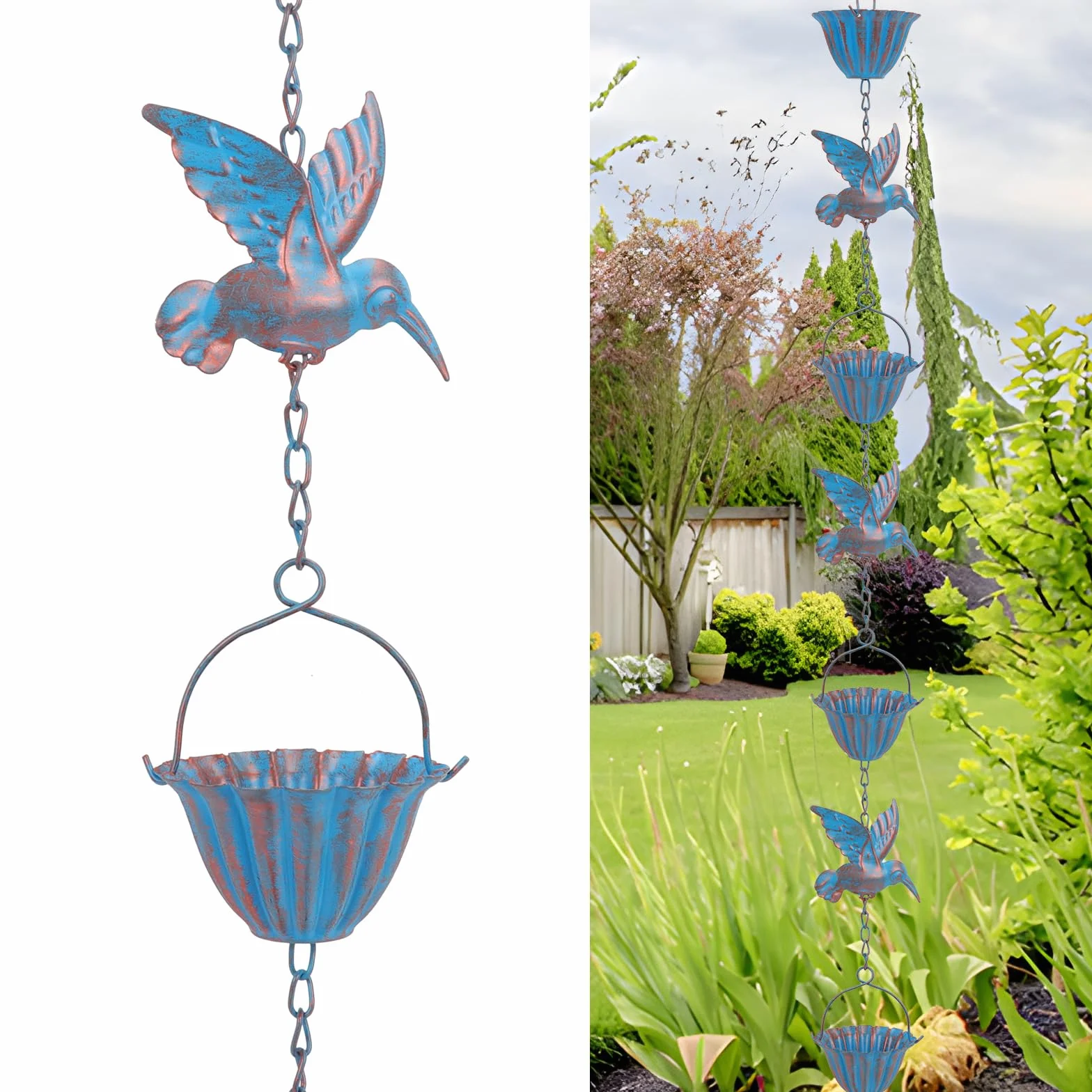Tefola Catena antipioggia da 2,4 m con colibrì – Catena di scarico in metallo blu retrò, 7 uccelli e 7 tazze per grondaie, decorazioni da giardino e casa