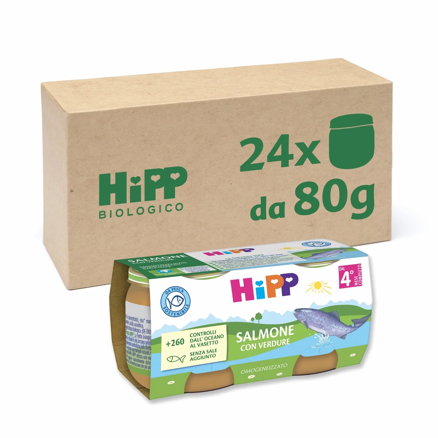 HiPP - Omogeneizzato di Pesce per Neonati, Gusto Salmone con Verdure, Senza glutine e Senza Aggiunta di Sale e Aromi, 24 Vasetti da 80 g