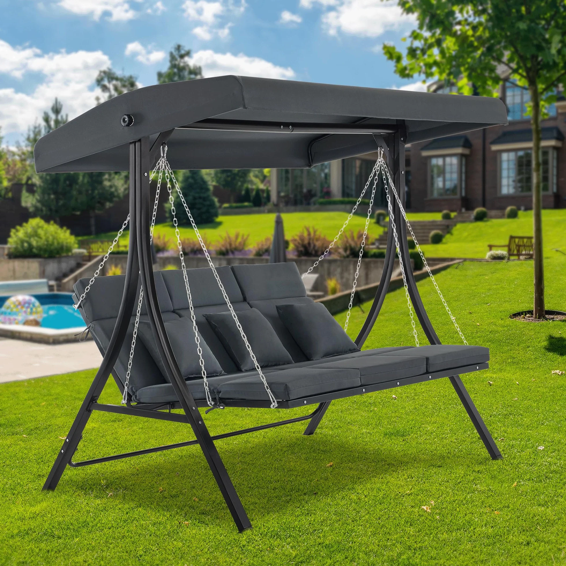 Altalena M MCombo Hollywood con funzione reclinabile, altalena da giardino a 3 posti resistente alle intemperie, panca altalena con catene metalliche, tetto regolabile, 8018 (grigio gel scuro)
