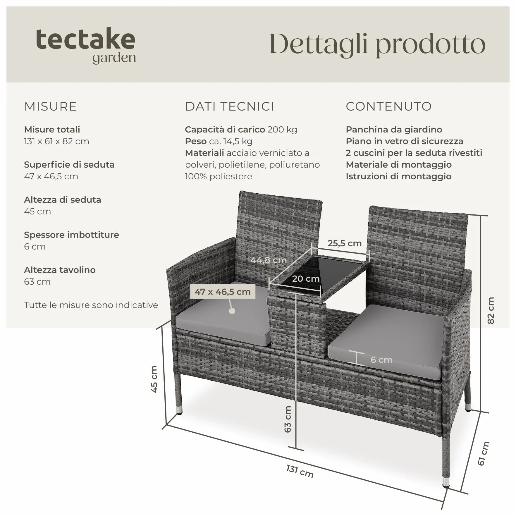 tectake® Panchina da Giardino in Polyrattan con Tavolino Integrato, 133x63x84 cm, Resistente Intemperie, Cuscino Seduta 6 cm, Set Panca da Giardino per 2, per Veranda, Balcone - Grigio/Grigio Chiaro