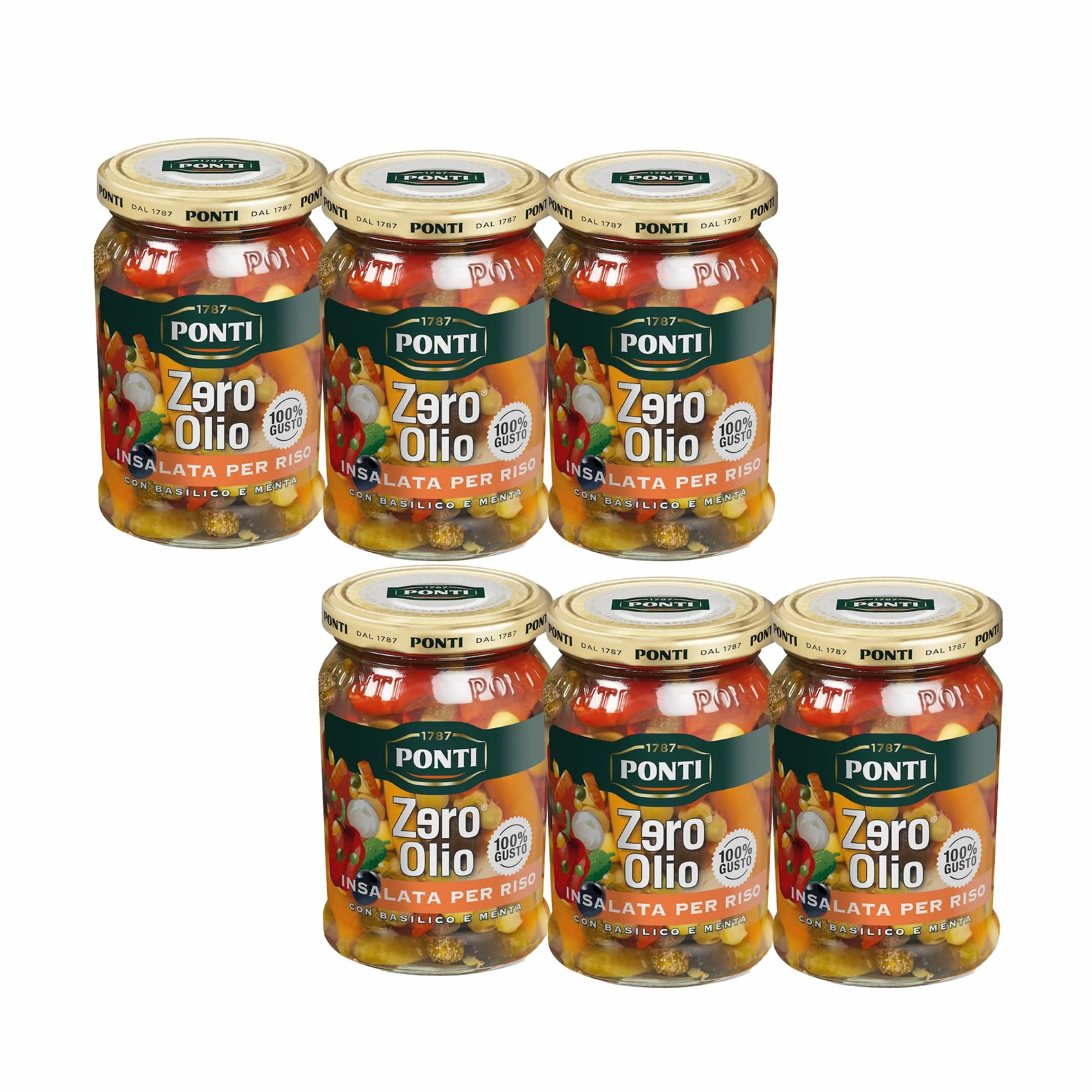 Ponti, Insalata per Riso Zero Olio, Condimento per Insalata di Riso In Salsa Zero Olio con Basilico e Menta, Ideale anche con Orzo e Farro, 100% Made in italy, 6 Vasi da 300 g
