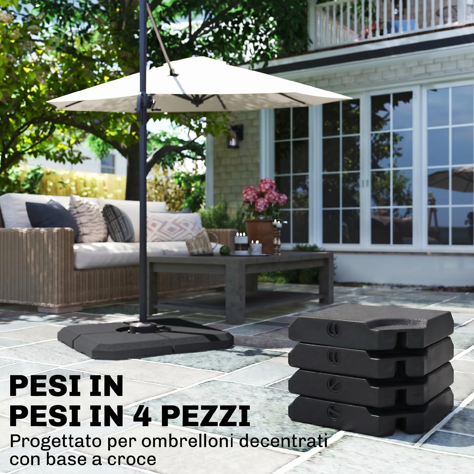 Outsunny Base per Ombrellone a Braccio da 4 Pezzi, Basamento Riempibile con Acqua o Sabbia per Basi a Croce da 100x100cm, Nero