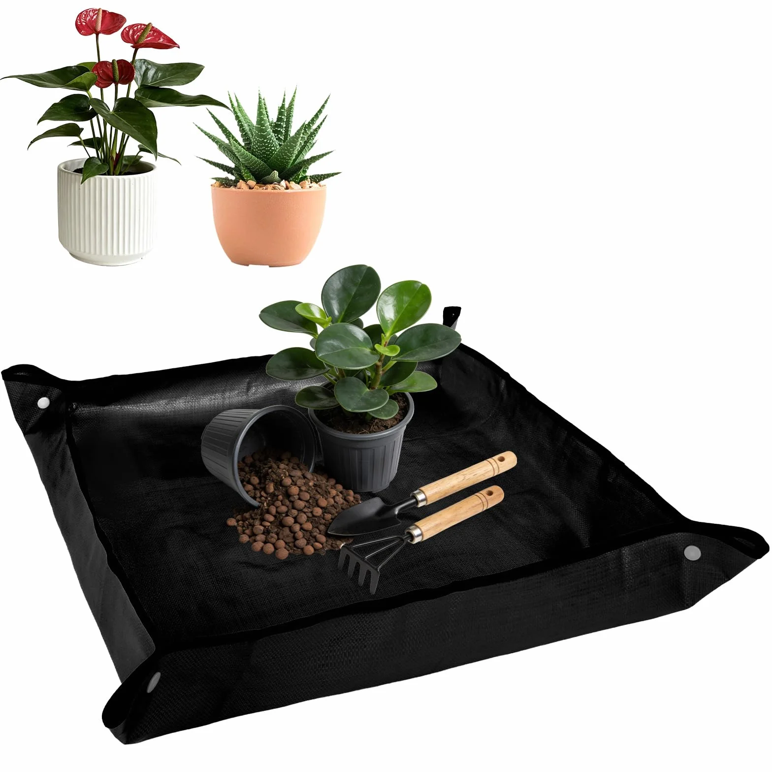 AOOWU Tappetino per Rinvaso di Piante, Tappetino per Piante da Giardino Impermeabile, 100 × 100 cm Tappetino da Trapianto Pieghevole per Rinvaso di Piante, Piante Grasse, Piantina（Nero）