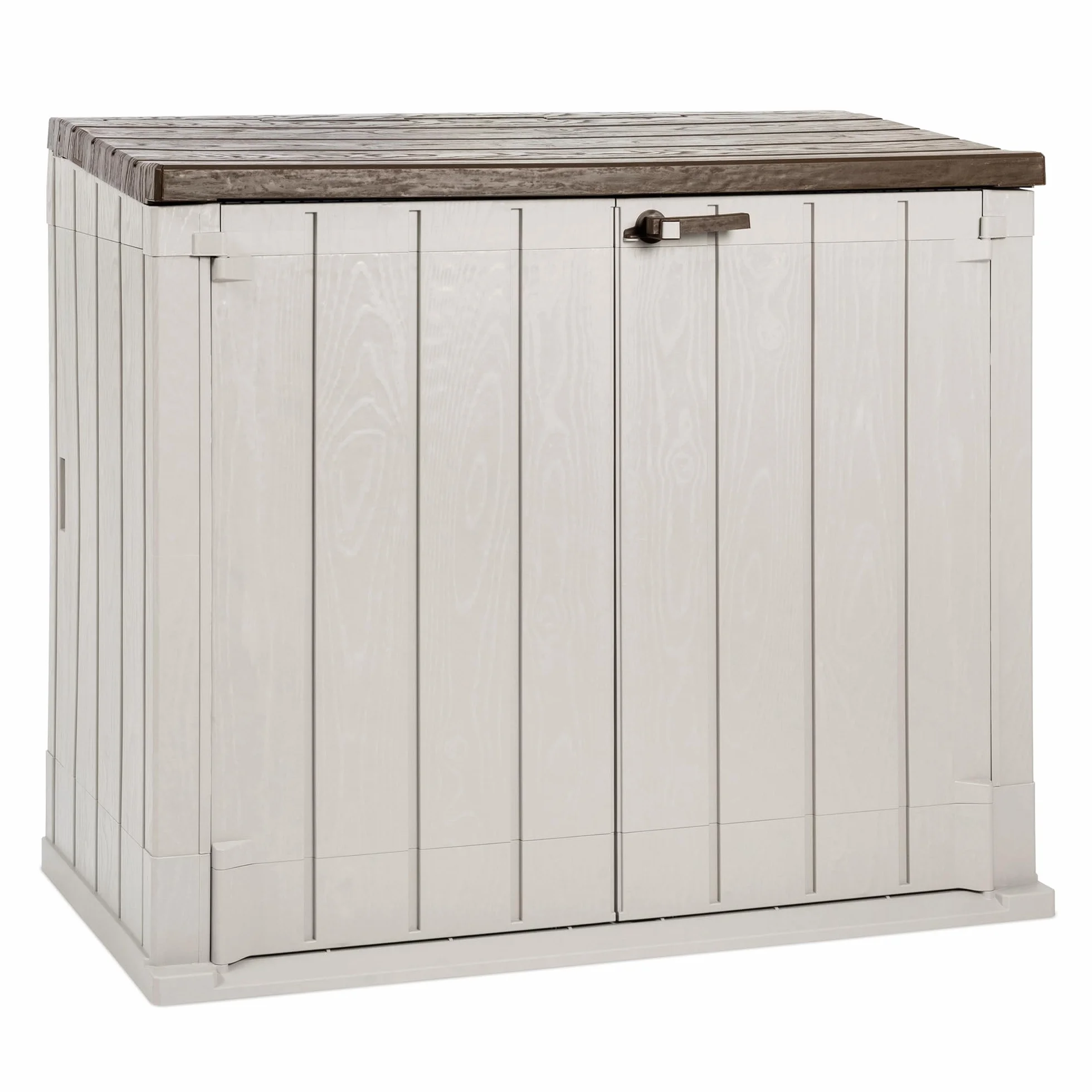 Toomax Storer Plus XL Baule da 1270L portattrezzi giardino, 145x85x124,5h cm effetto legno grigio talpa/marrone, porta bidoni spazzatura con coperchio assistito, resistente ai raggi UV, per esterni