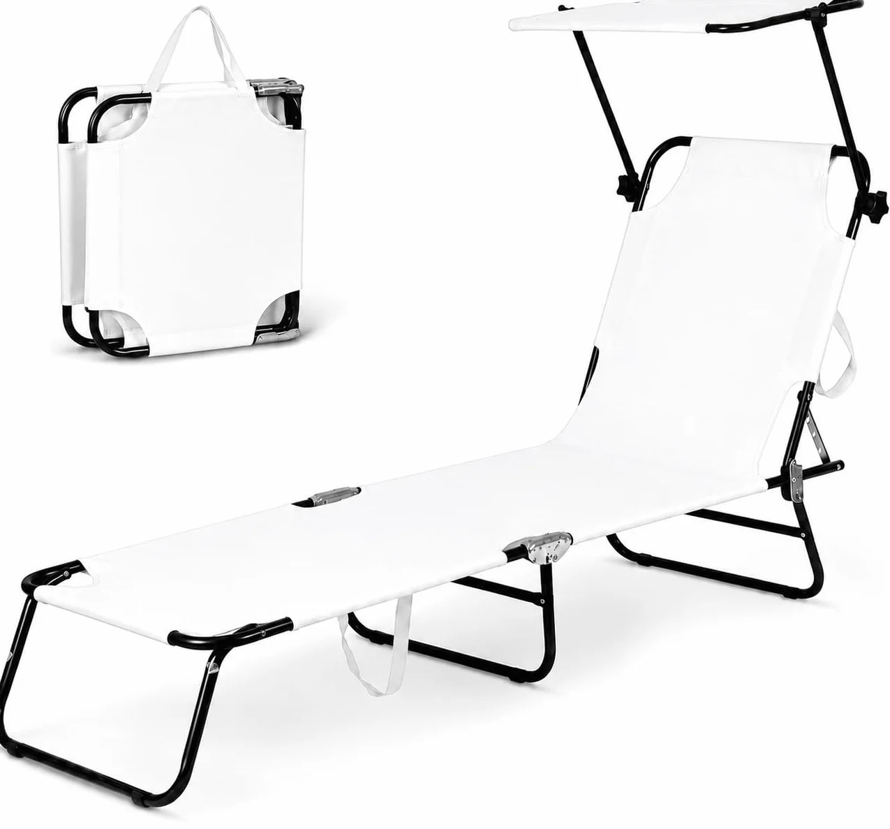 Lettino Prendisole BIANCO (187 x 62,5 x 24 cm) - NESSUN MONTAGGIO - ANTIRUGGINE - CON TETTUCCIO REMOVIBILE - Tessuto Oxford Traspirante e Antistrappo - Schienale Regolabile Su 4 Livelli
