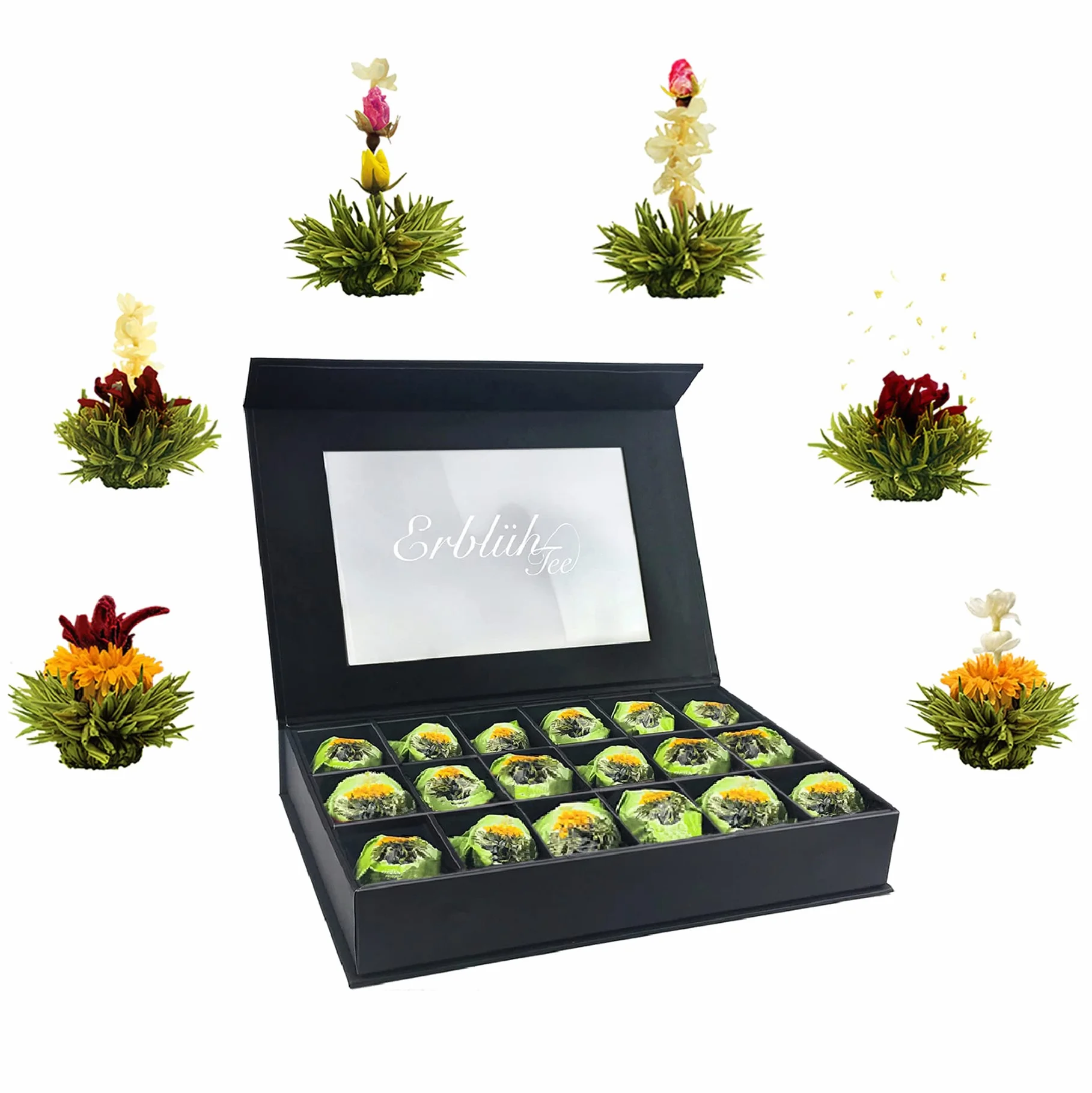 Set regalo di fiori di tè - tè verde - in una nobile scatola magnetica con finestra e goffratura argento 18 x Tè verde