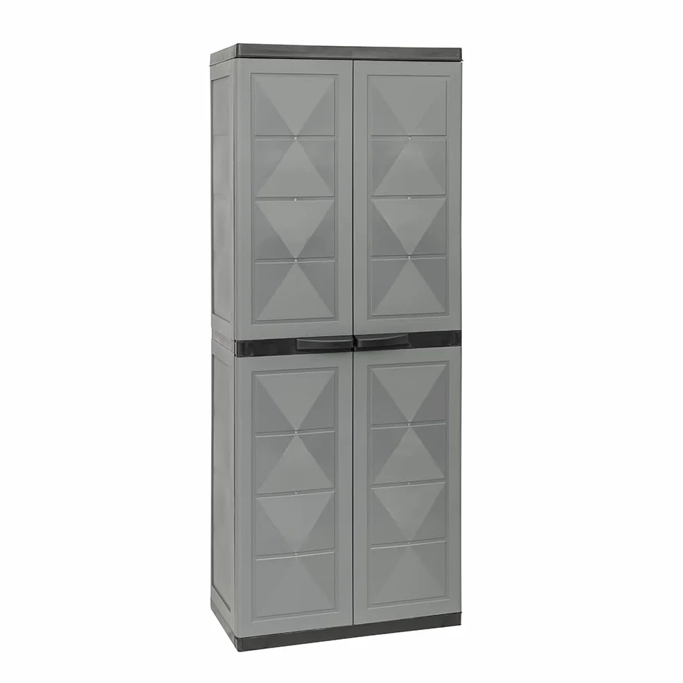 Armadio Basic Line con 3 Ripiani 1 Porta Scope - per Interno, Esterno, Ripostiglio, Organizzazione, Lavabile, Garage, Montaggio Senza Viti, in Polipropilene - Colore Grigio (65X37X165h cm)
