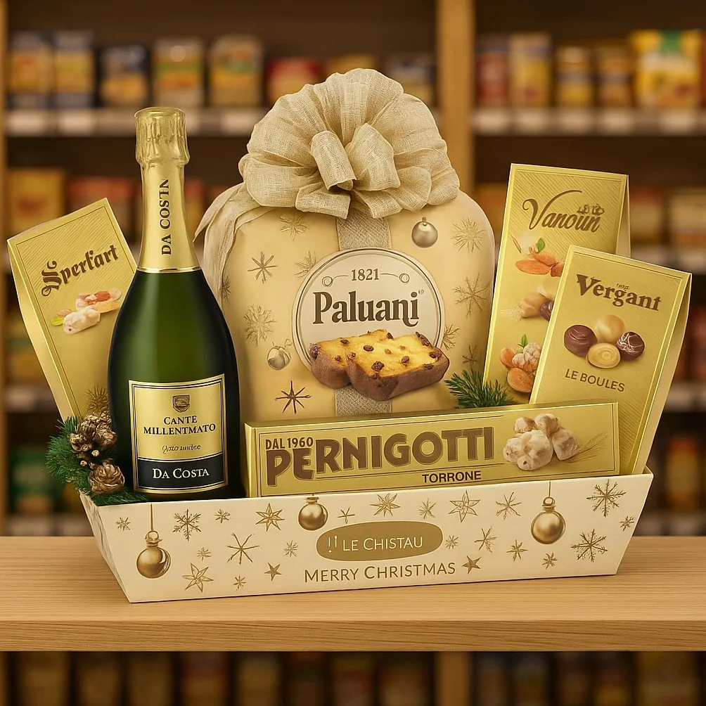 Cesto Natalizio Vassoio Merry Christmas con Dolci Tipici, Cioccolato, Torrone e Spumante Dolce, Confezione Regalo Elegante e Raffinata per Natale, Idea Regalo Gourmet per Famiglie o Aziende