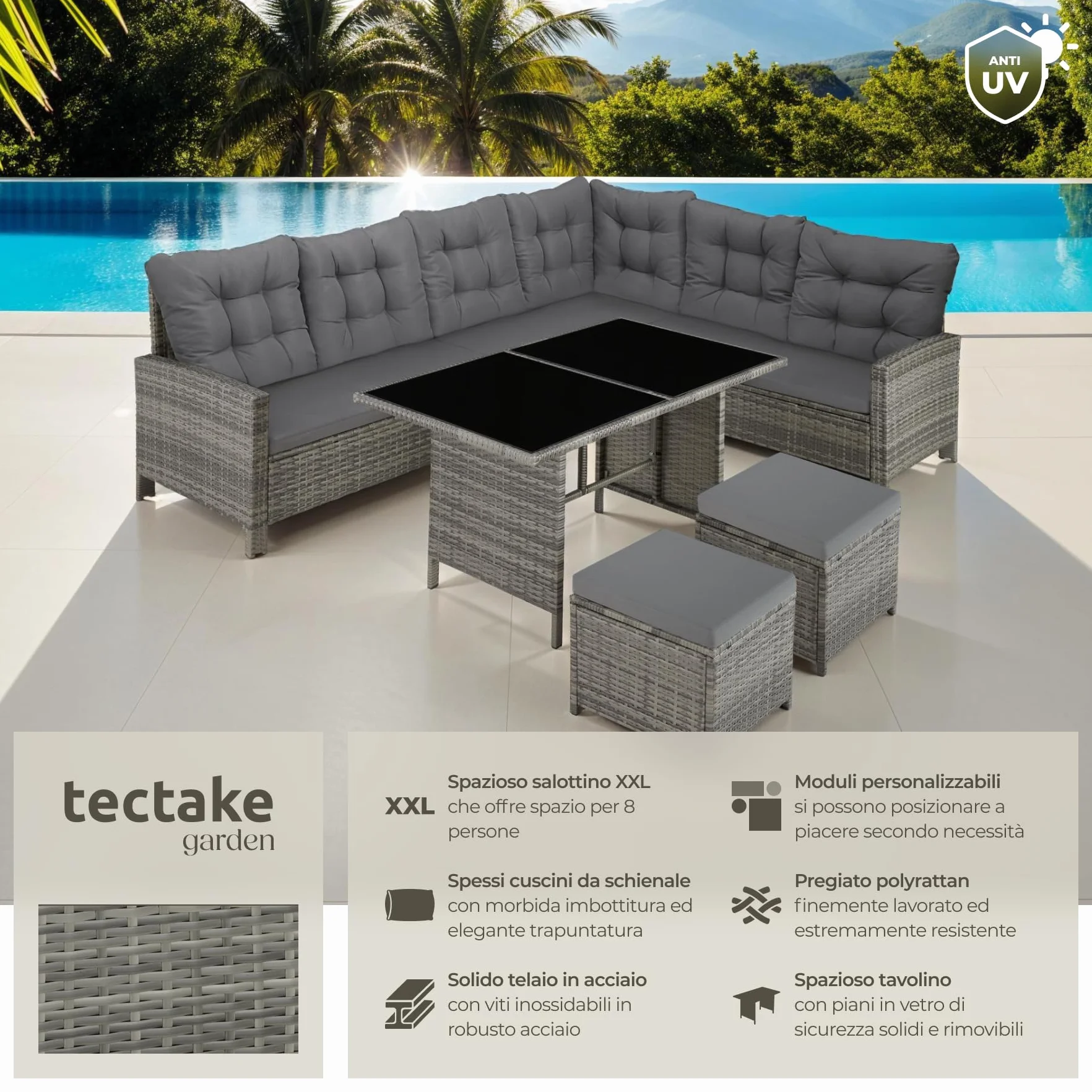 tectake® Set Salotto Rattan, Salotto da Giardino Esterno, Telaio Acciaio, Tavolino da Salotto 2 Piani in Vetro, Divani, Cuscini Relax, Sgabelli Poggiapiedi, Piscina, Giardino - Grigio Mélange/Grigio