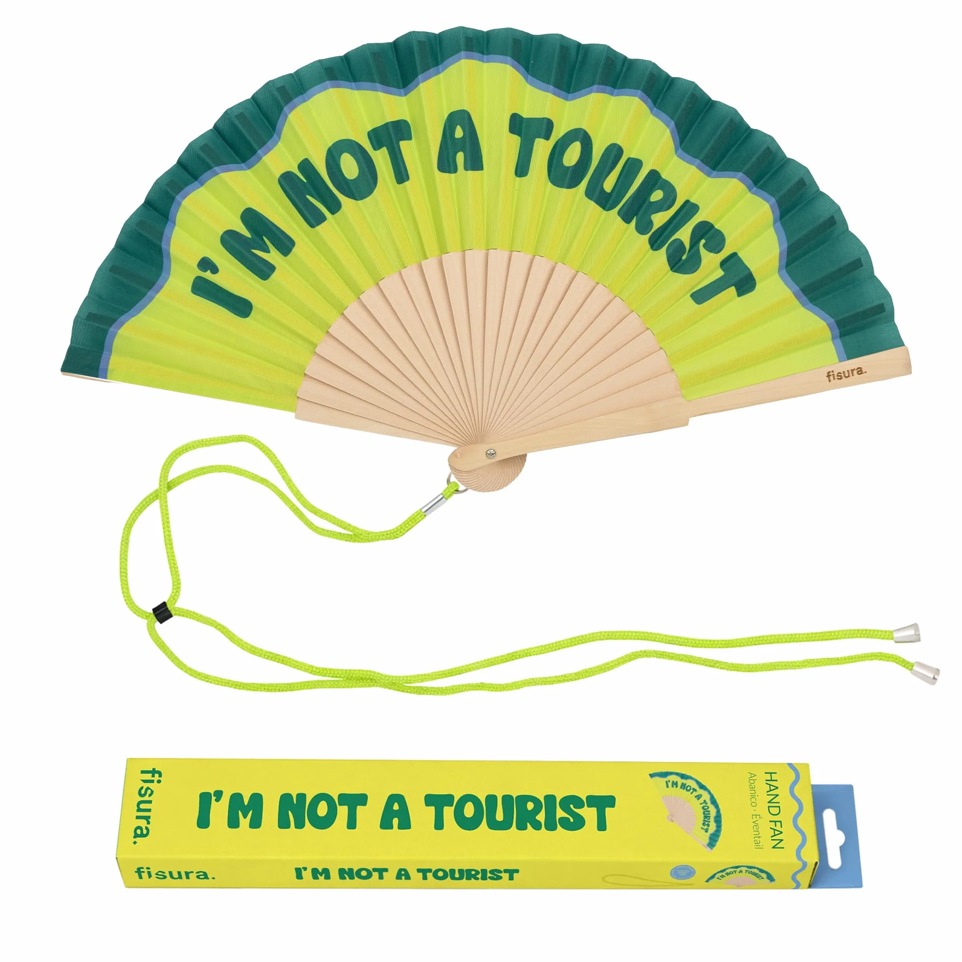 Fisura – Ventaglio Originale con Scritta “I’m Not a Tourist”, Ventaglio in Legno Moderno e Colorato Verde, Ventaglio a Mano con Laccetto Incluso, Idea Regalo Divertente, 42,5 x 23 cm