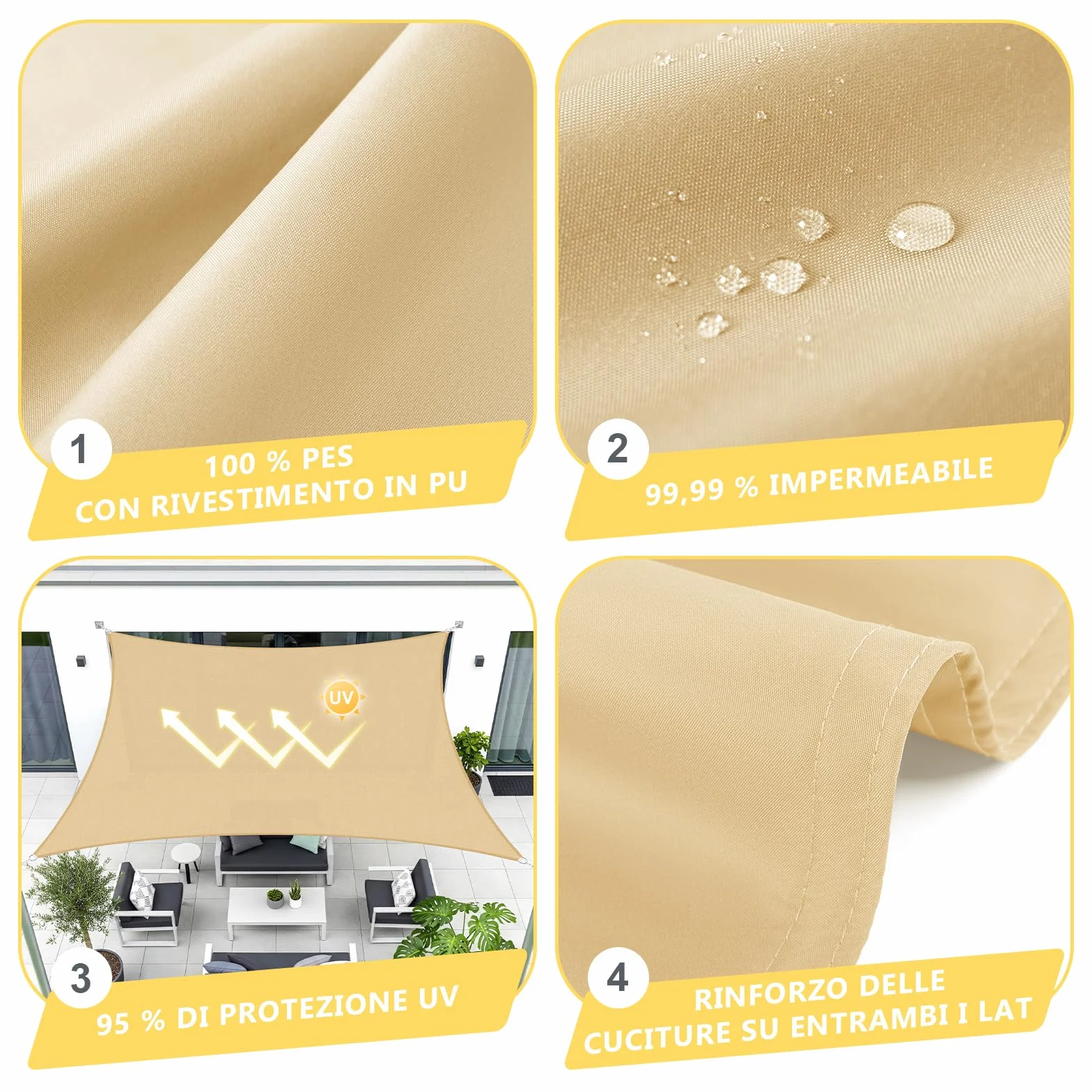 UMI Vela Ombreggiante Impermeabile 2x4m Rettangolare Tenda a Vela Protezione Raggi UV 98% Tenda Parasole per Esterno Giardino Terrazzo - Sabbia