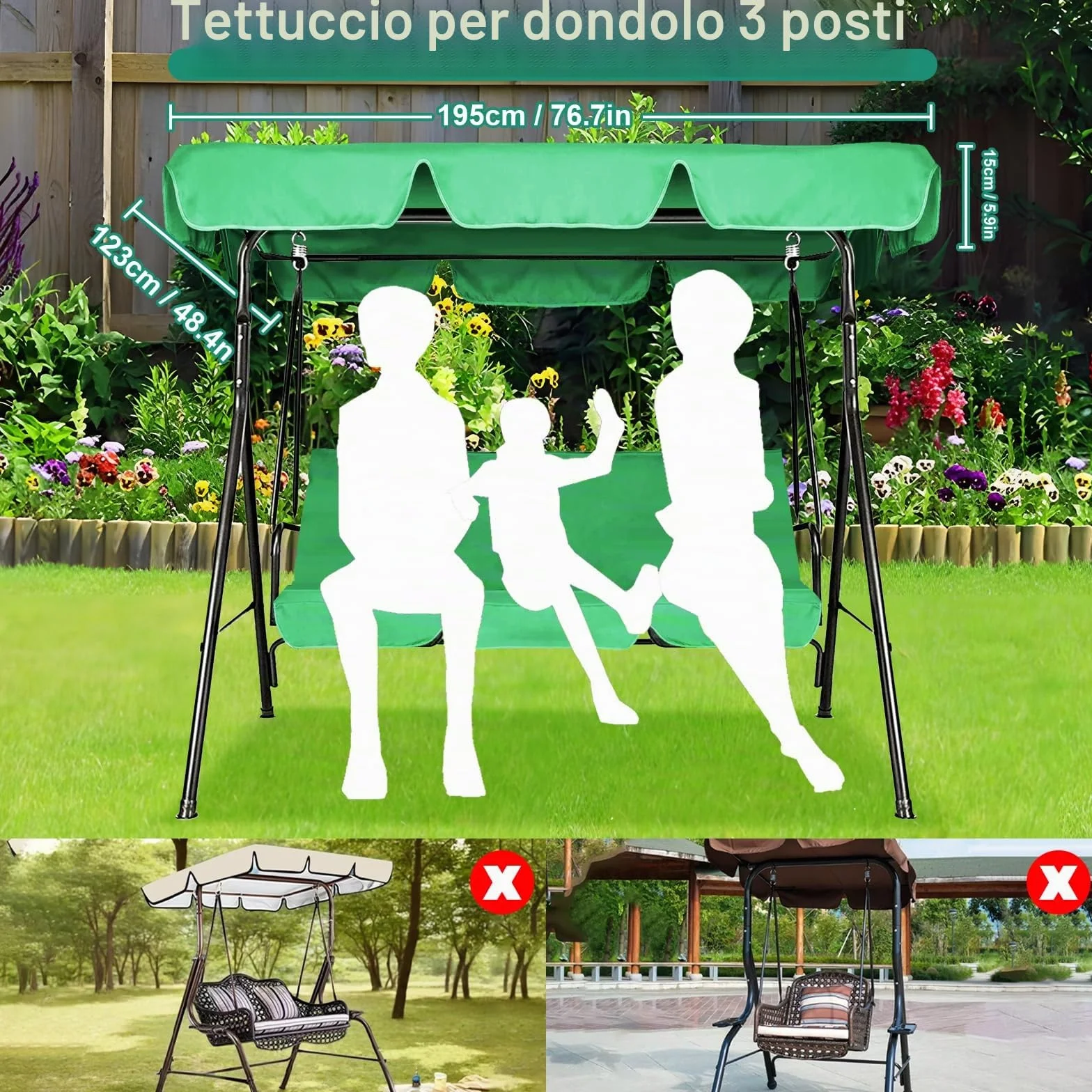 Tettuccio per Dondolo Tetto di Ricambio per Dondolo da Giardino,Copertura di Ricambio Impermeabile per parasole di ricambio,Copertura di Ricambio per Dondolo a 3 posti,Antistrappo,accessori