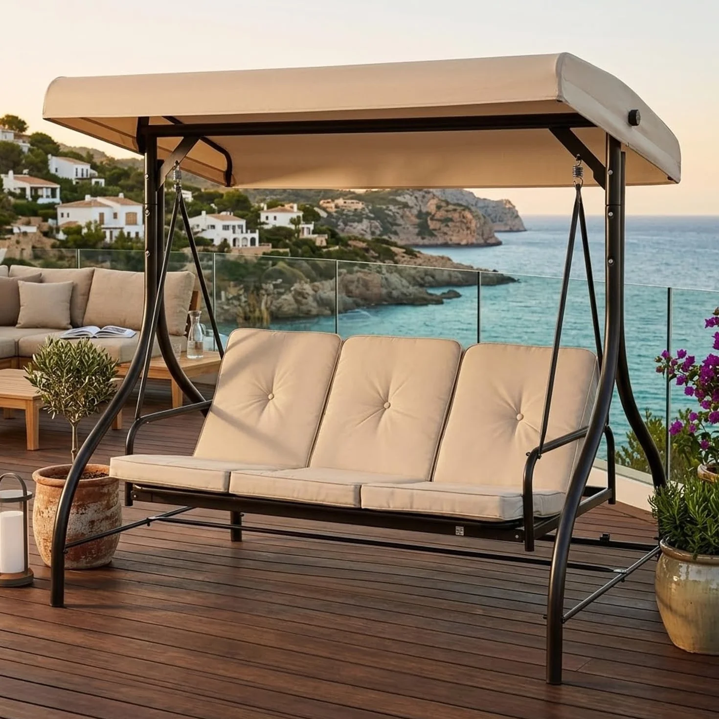 BRICOZONE Dondolo 3 Posti Con Tettuccio Parasole Seduta Reclinabile Trasformabile In Letto Struttura In Acciaio Per Terrazzo Giardino Patio Moderno 195 x 120 x 175 Cm Beige