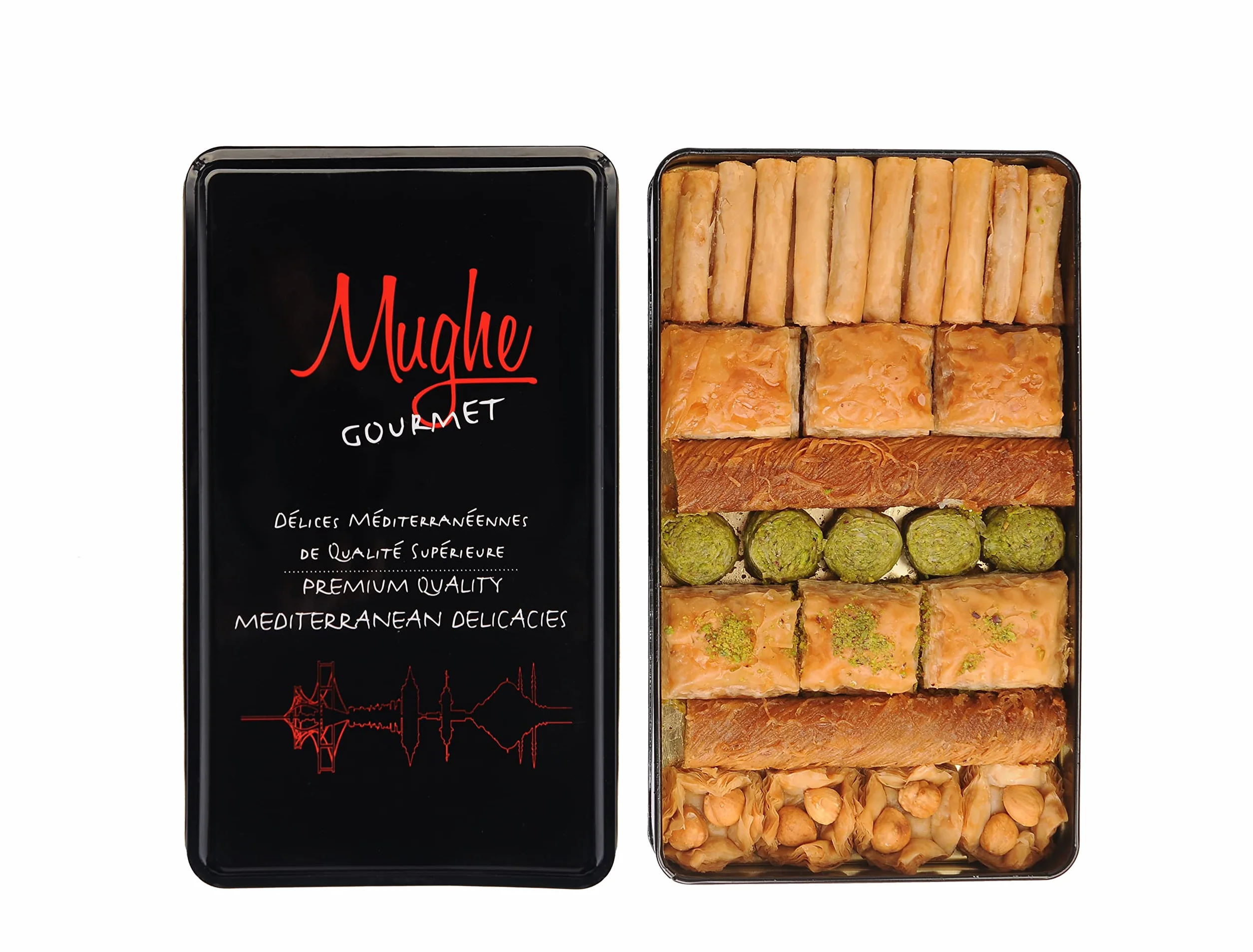 Mughe Gourmet - Scatola Regalo di Baklava Assortita in Elegante Latta - 600g - Baklavas Turchi Pistacchio, Mandorla, Noce, Anacardio, Nocciole Bocconcini Dolci - Perfetta per Compleanni, Natale