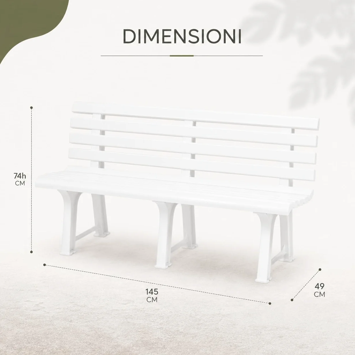Panchina da Giardino in Resina 145X49X74h CM - da Esterno, Resistente, 3 posti, Balcone, Terrazzo, Locali, Schienale, con Poggioli, Facile da Pulire - Colore Bianco