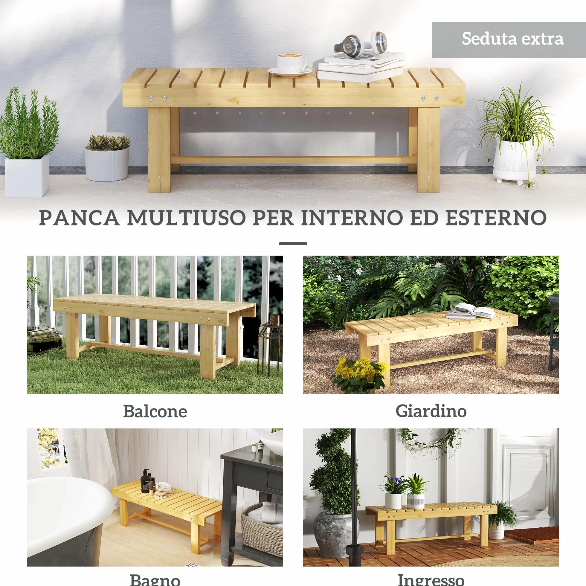 Outsunny Panchina da Esterni Impermeabile a 2 Posti in Legno di Abete, Per Giardino Terrazzo, Fino 250kg, 110x38x35cm