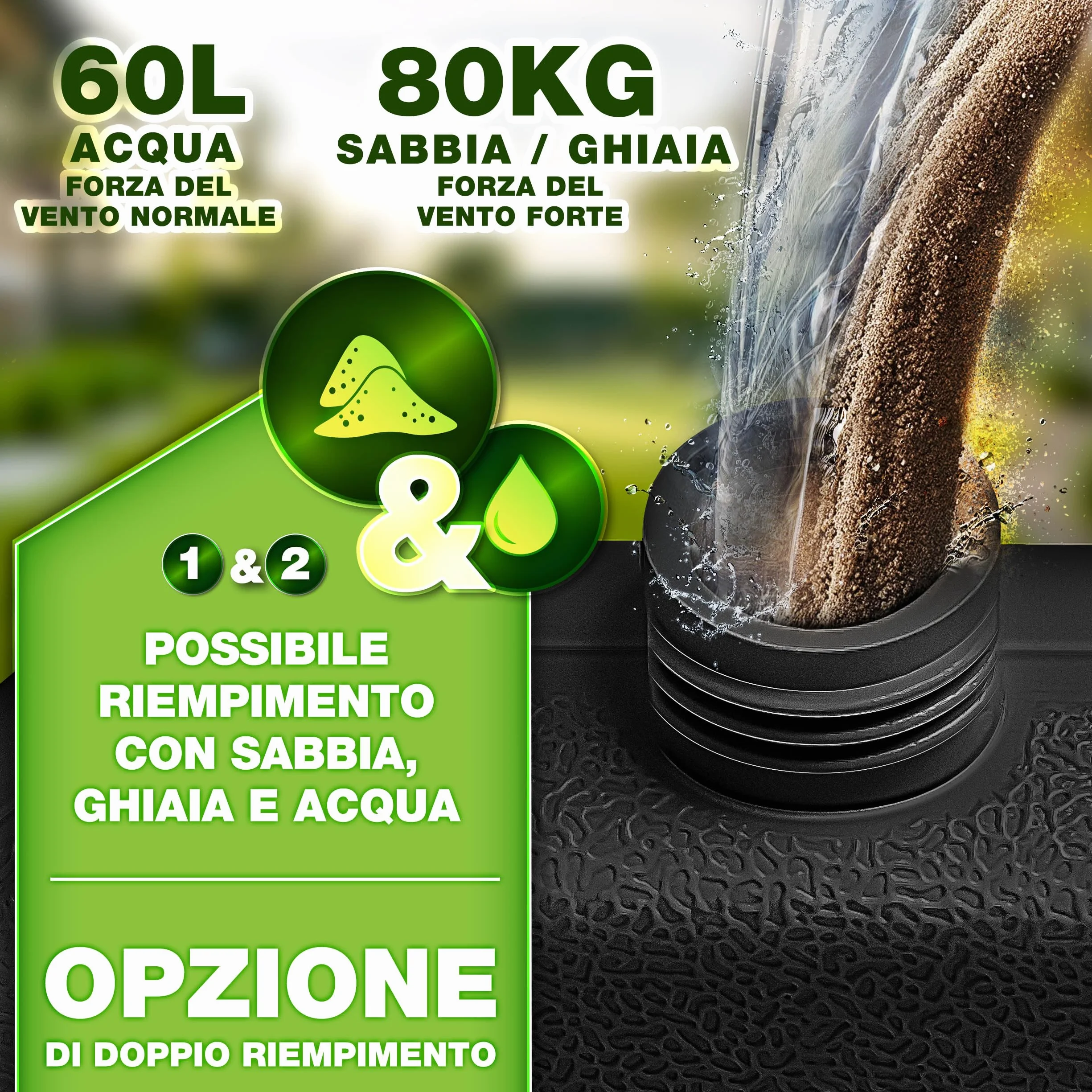 tillvex® Base per Ombrellone 60 Litri / 80 kg – 4 Pezzi per Ombrellone Decentrato con Connettore Metallico | Porta Ombrelloni Riempibile con Acqua o Sabbia | Supporto Ombrellone (Nero)