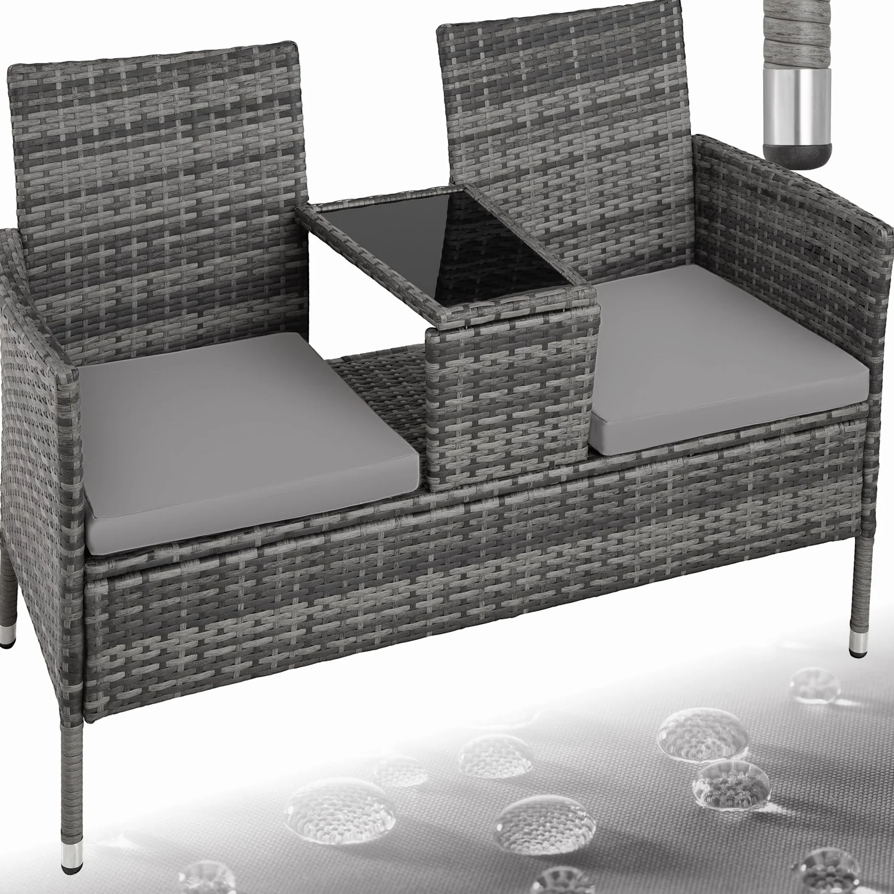 tectake® Panchina da Giardino in Polyrattan con Tavolino Integrato, 133x63x84 cm, Resistente Intemperie, Cuscino Seduta 6 cm, Set Panca da Giardino per 2, per Veranda, Balcone - Grigio/Grigio Chiaro