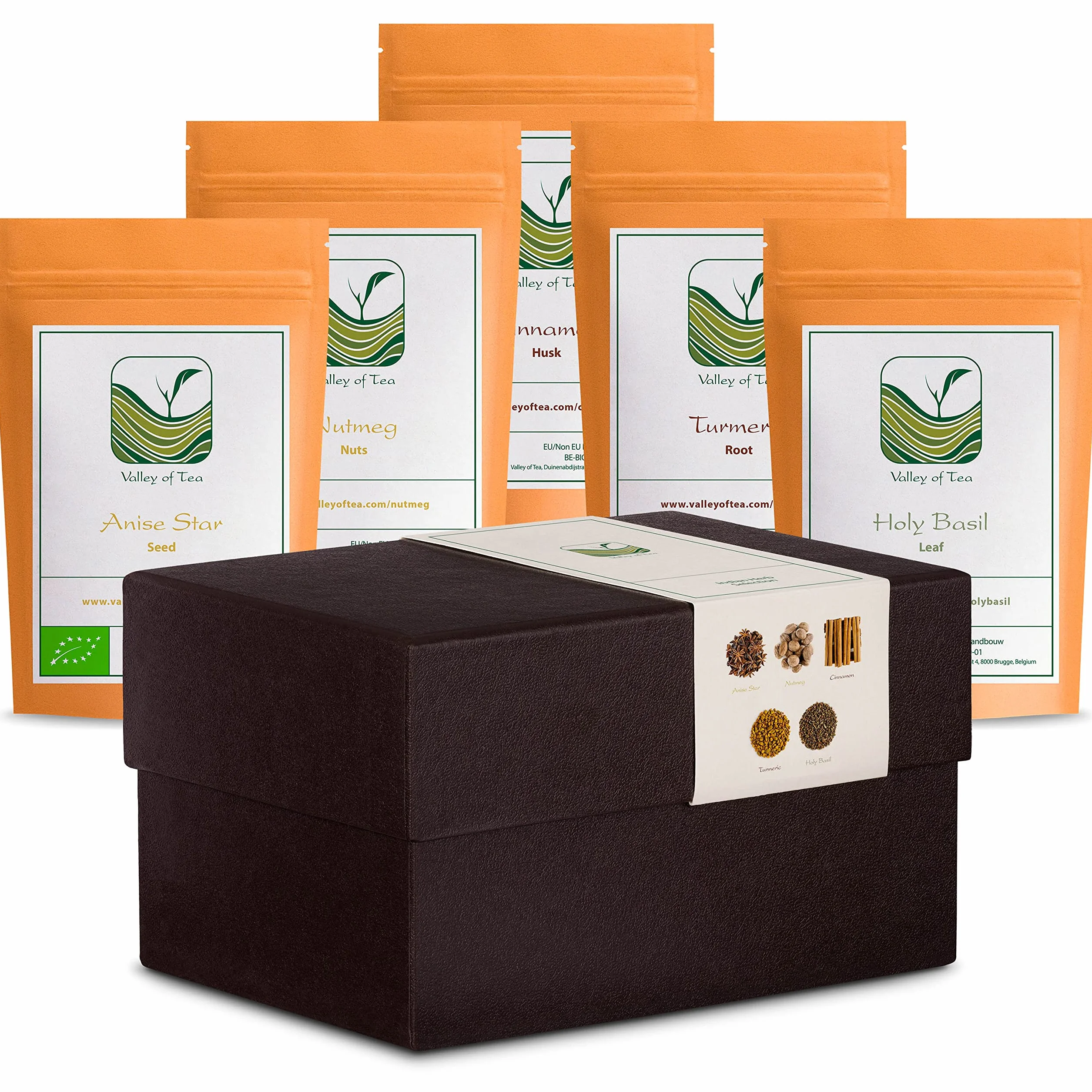 Selezione Essenziale Di Spezie Indiane Biologiche - Le Spezie Più Importanti Nella Cucina Indiana - Anice Stellato, Noce Moscata, Cannella, Curcuma, Basilico Santo
