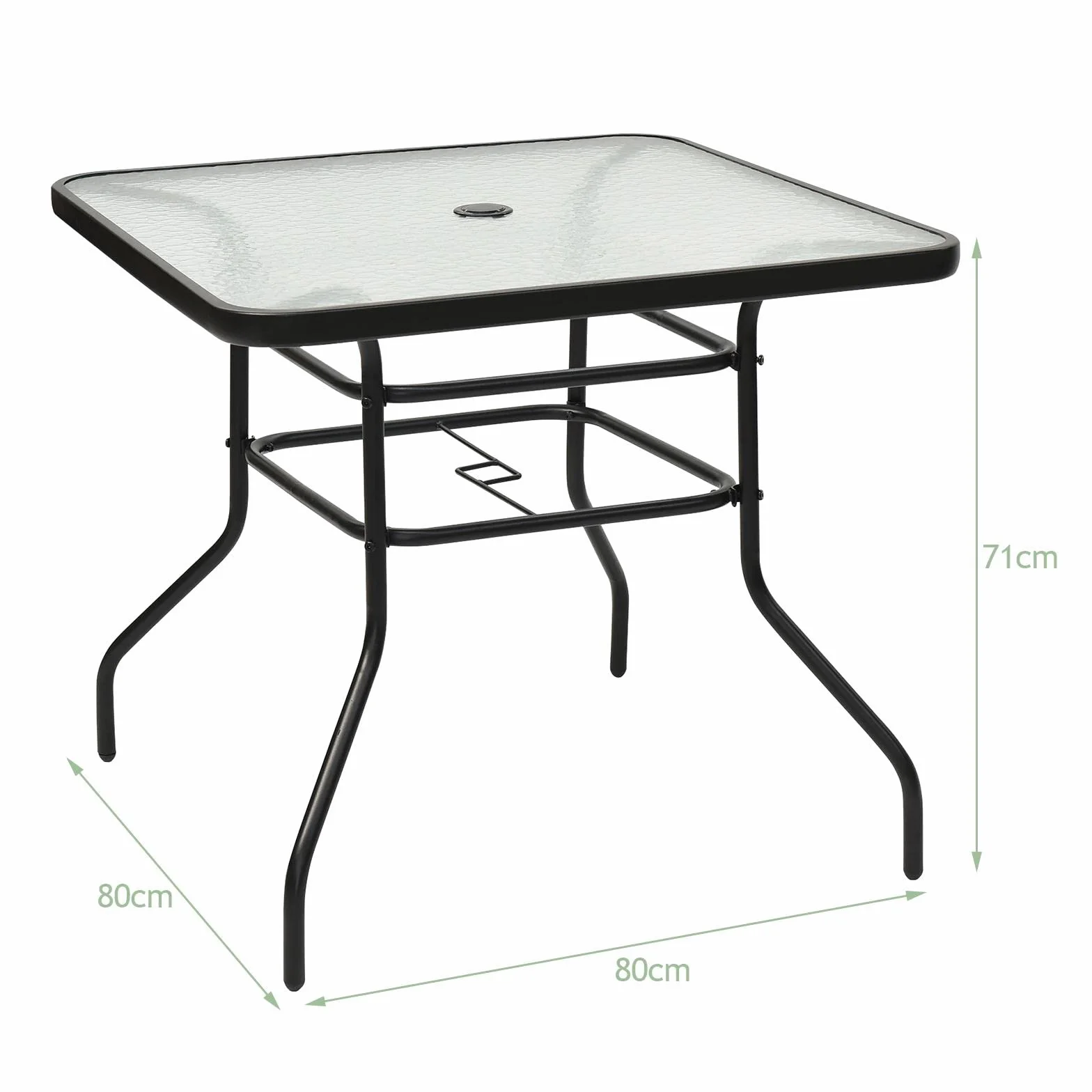 KOMFOTTEU Tavolino Quadrato da Giardino con Foro per Ombrellone, Tavolo da Bistrot con Piano in Vetro e Telaio in Metallo, Tavolo da Caffé Portata fino a 80 kg, per Balcone, Terrazza, Giardino, Nero