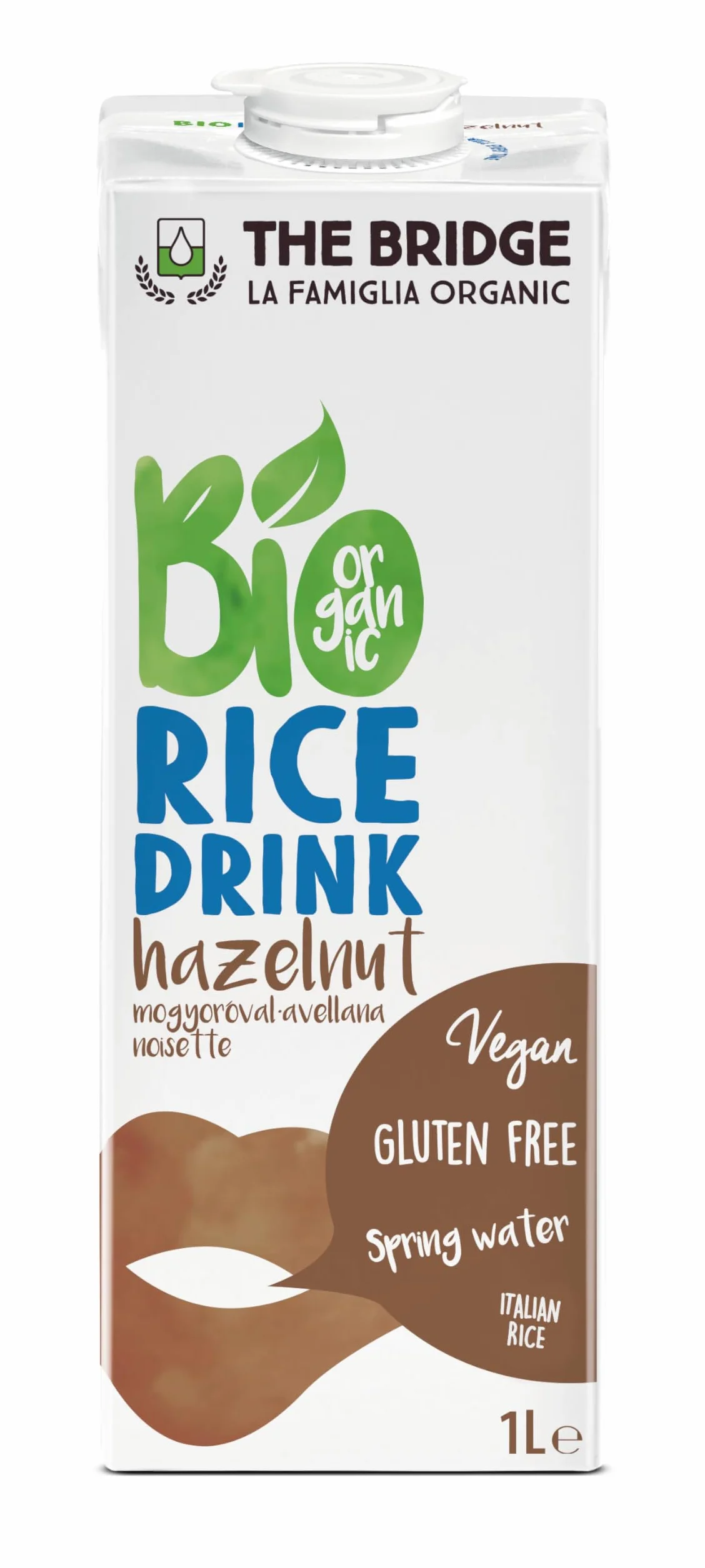 The Bridge - Bio Rice Drink Hazelnut - Bevanda Biologica a base di Riso con Nocciole (Formato da 1 litro, Scatola da 12 Pezzi)