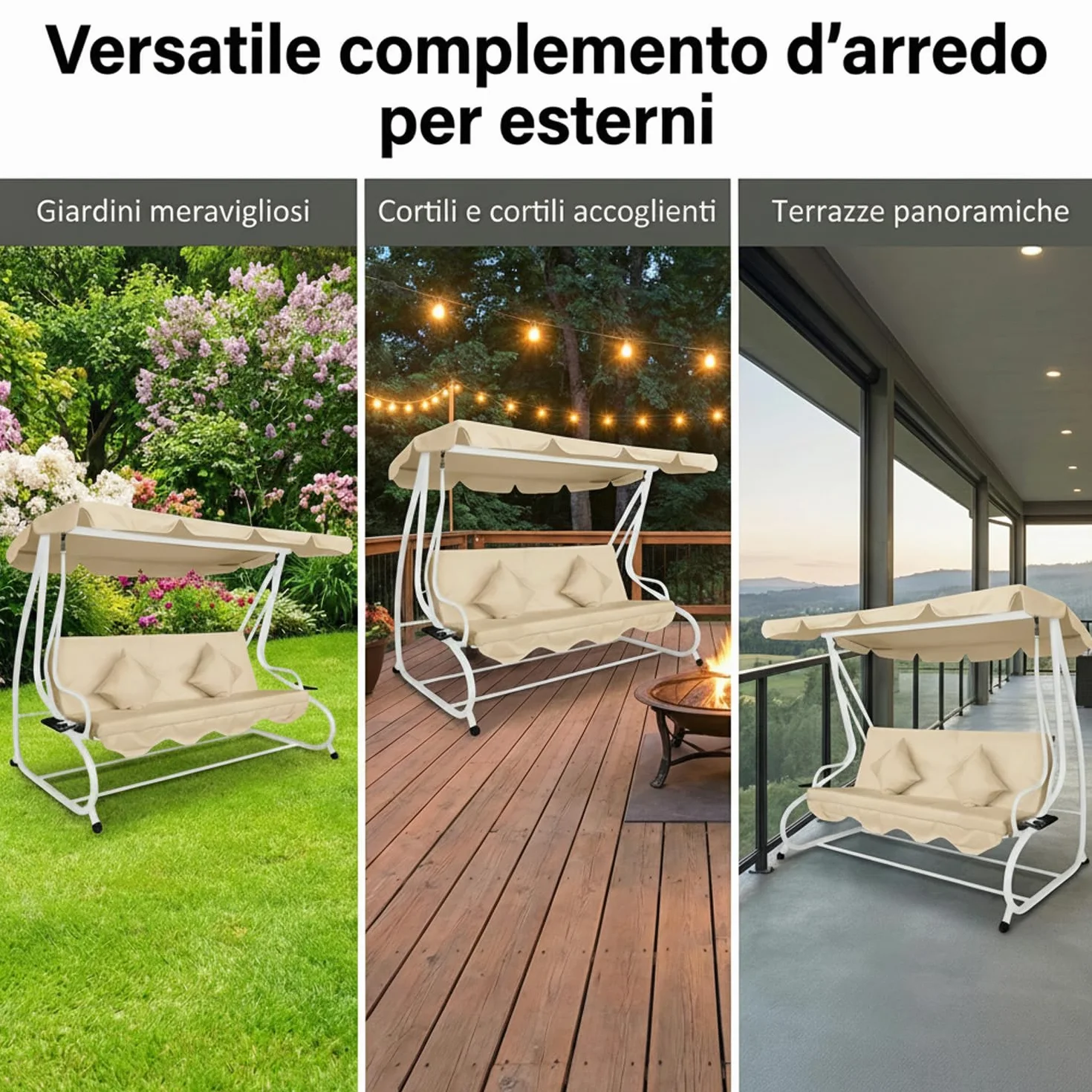 Marvin Dondolo Letto da Giardino 4 Posti Harmony con Tetto Parasole Struttura in Acciaio e Cuscino Imbottito 10 cm Altalena da Esterno Terrazzo (Bianco/Ecrù)
