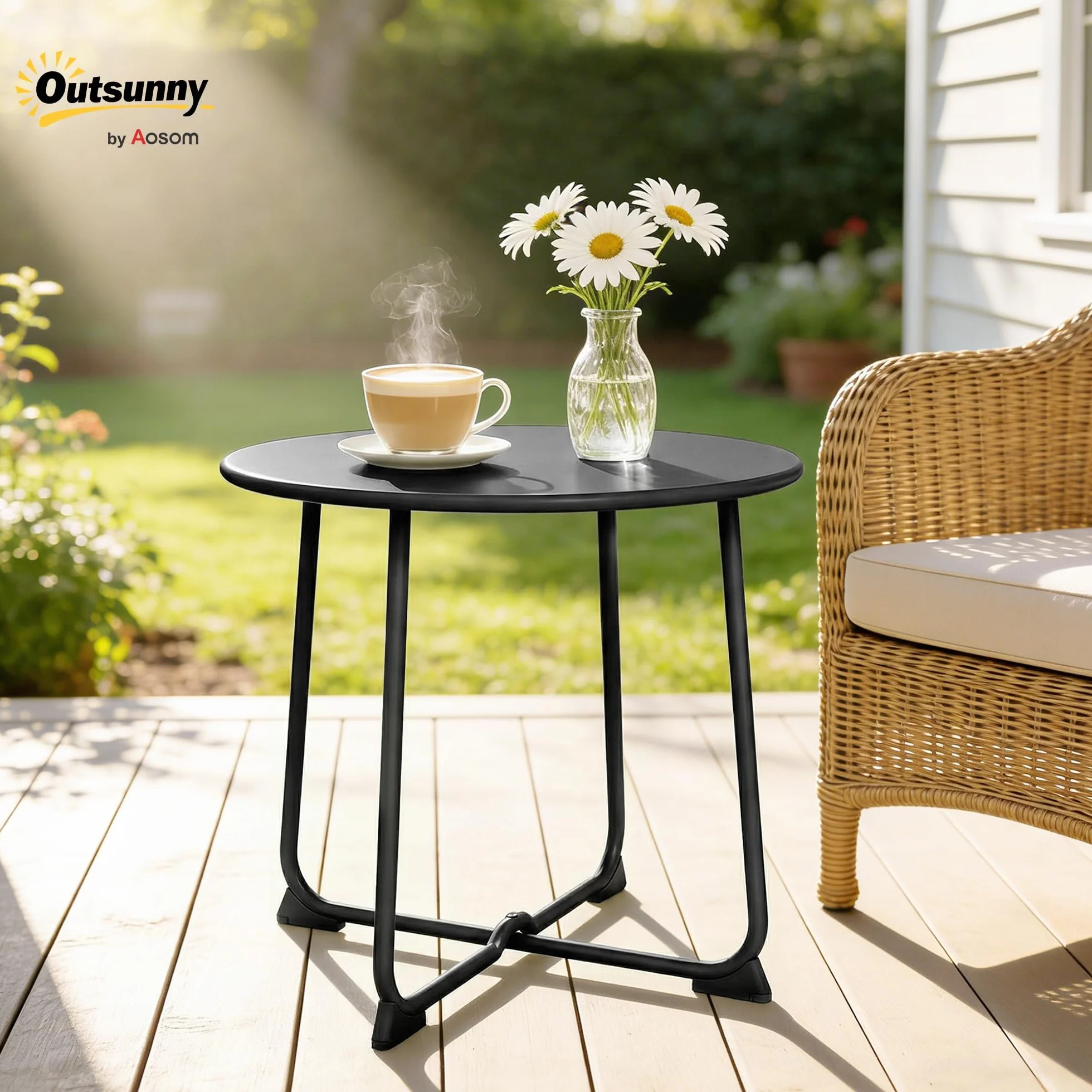 Outsunny Tavolino da Caffè da Giardino Rotondo 50 cm Stile Industriale con Piedini Antiscivolo, Tavolo da Caffè con Base a X in Metallo, per Balcone, Giardino, Terrazza, Soggiorno, Nero