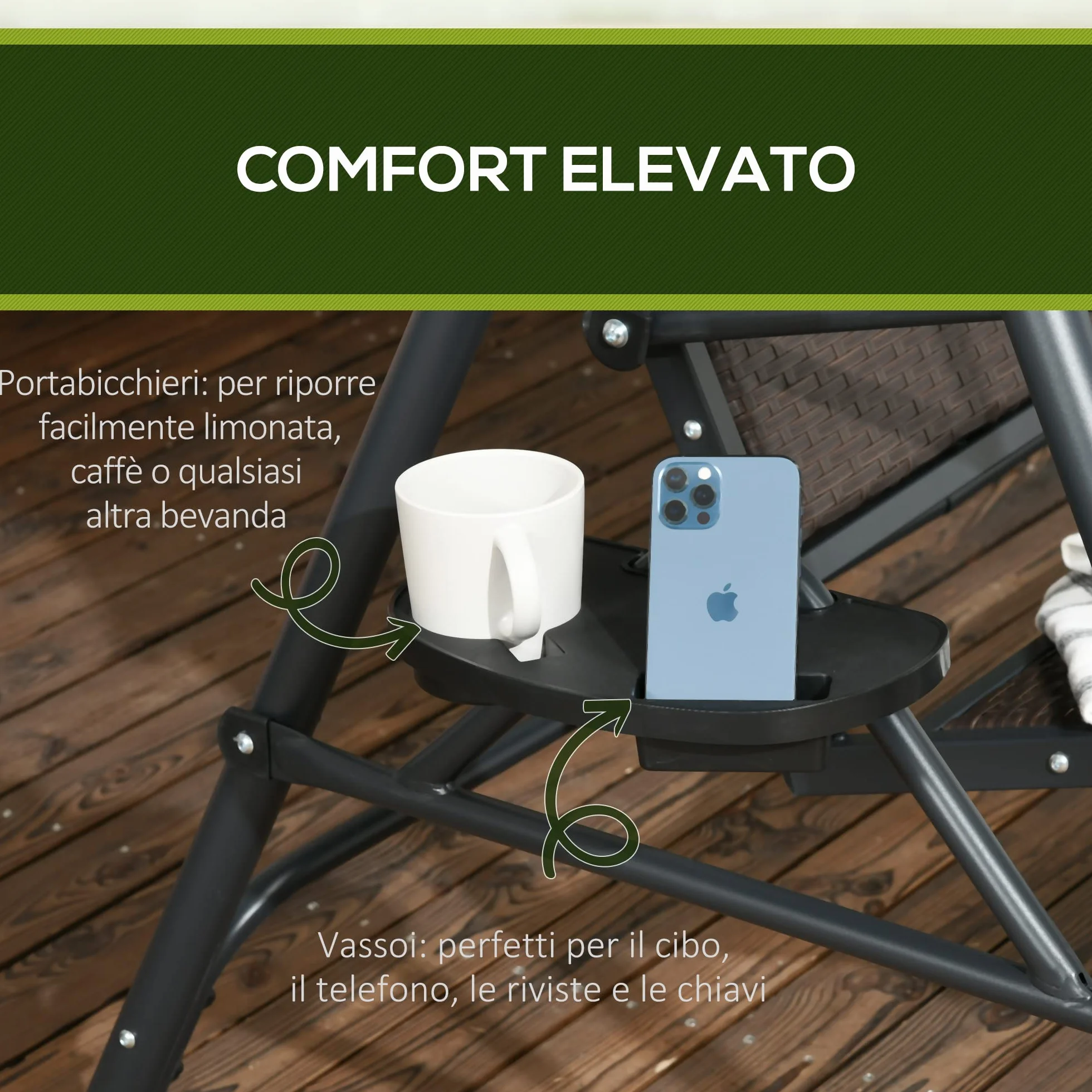 Outsunny Dondolo da Giardino 3 Posti in Rattan PE con Tettuccio Parasole Regolabile e Portabicchieri, Dondolo da Esterno con Telaio in Acciaio, Portata 320 kg, 204x112x150 cm, Grigio Scuro