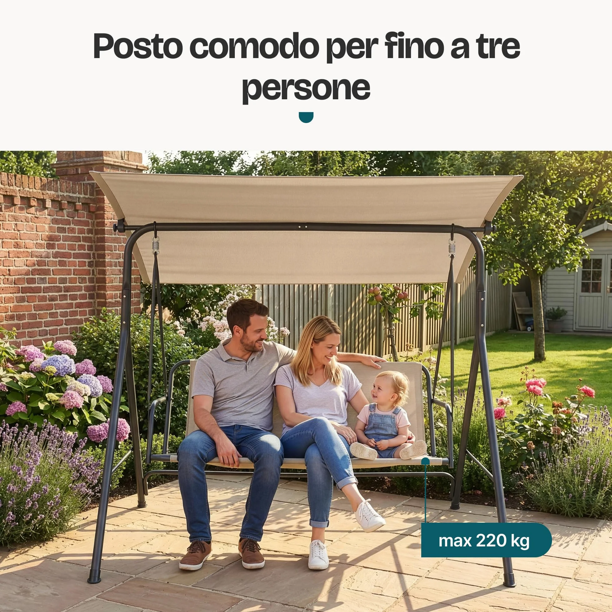 [en.casa] Dondolo da Giardino a 3 Posti con Tettuccio Parasole Regolabile e Schienale Panchina a Dondolo Altalena da Esterno Terrazza Struttura in Acciaio 173x119x153 cm - Grigio/Beige