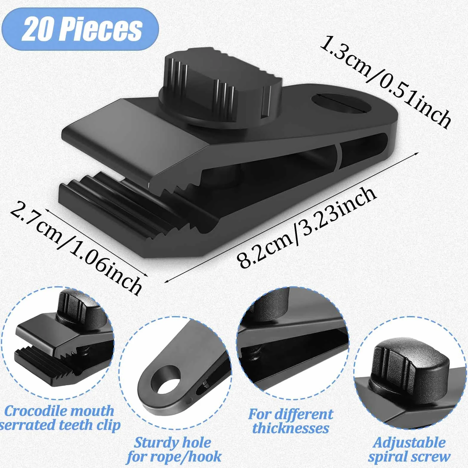 Mollette per tende e teloni, 20 pezzi Tarp Clip di tela di sostegno, Multifunzionale Clip di tenda in plastica nera,Morsetti a vite a prova di vento per tende da campeggio