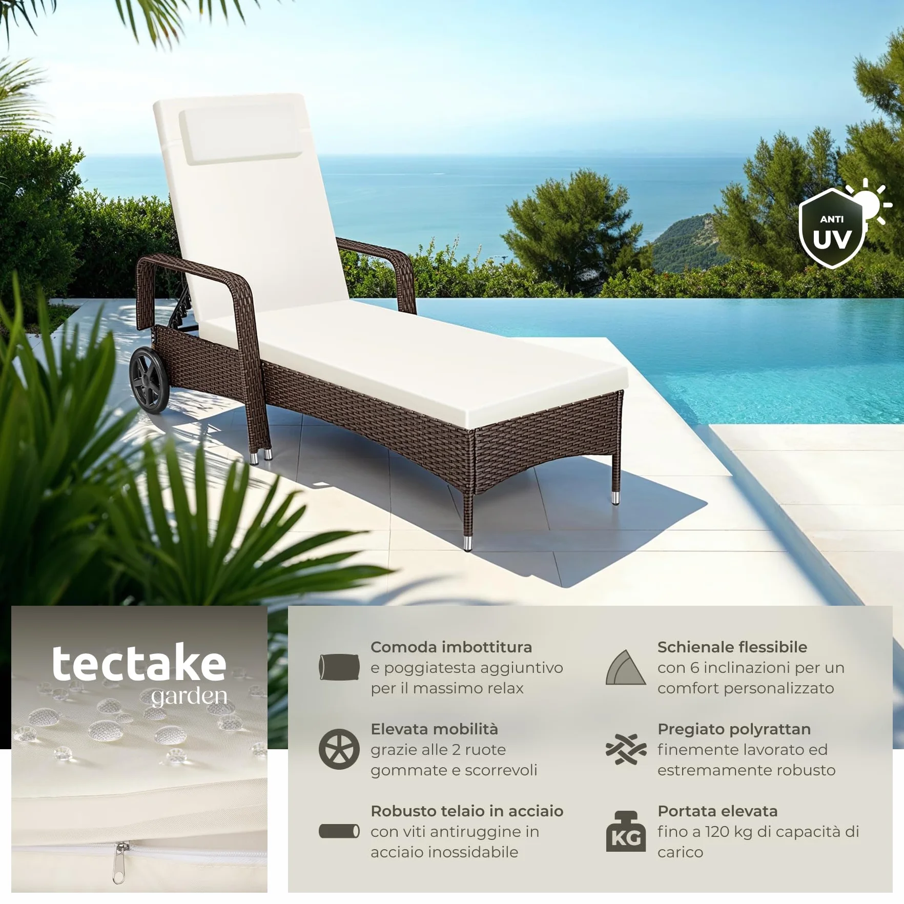tectake® Lettino Poly Rattan Arredo Esterno Giardino, Sdraio Prendisole, Sdraio da Giardino, Terrazzo, Balcone, Sdraio piscina, Ruote Gommate, Arredo Interno Divano Sedia - Marrone Misto